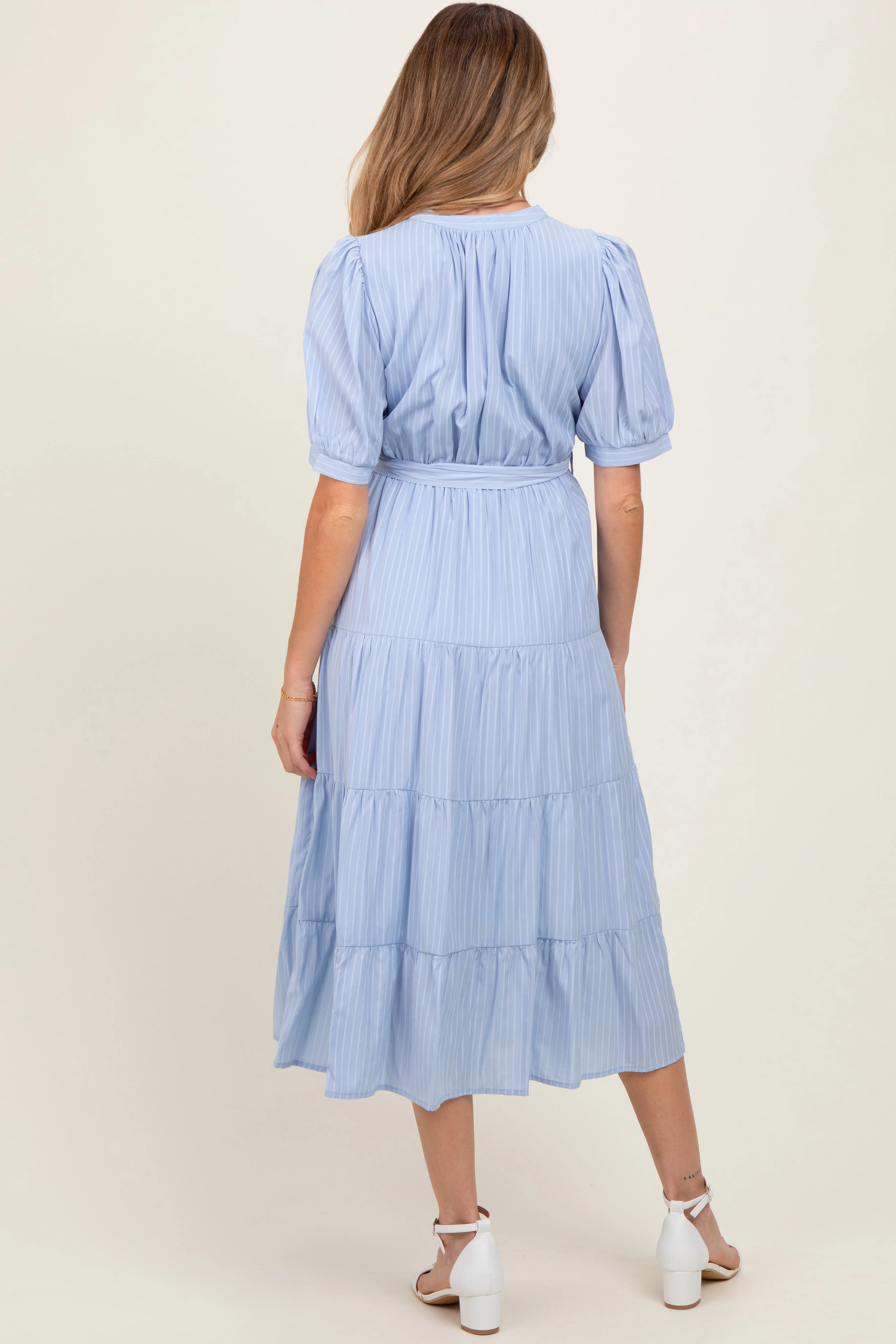 Light Blue Striped Button Up Tiered Maternity Maxi Dress sold by Pinkblush product image thumbnail 4