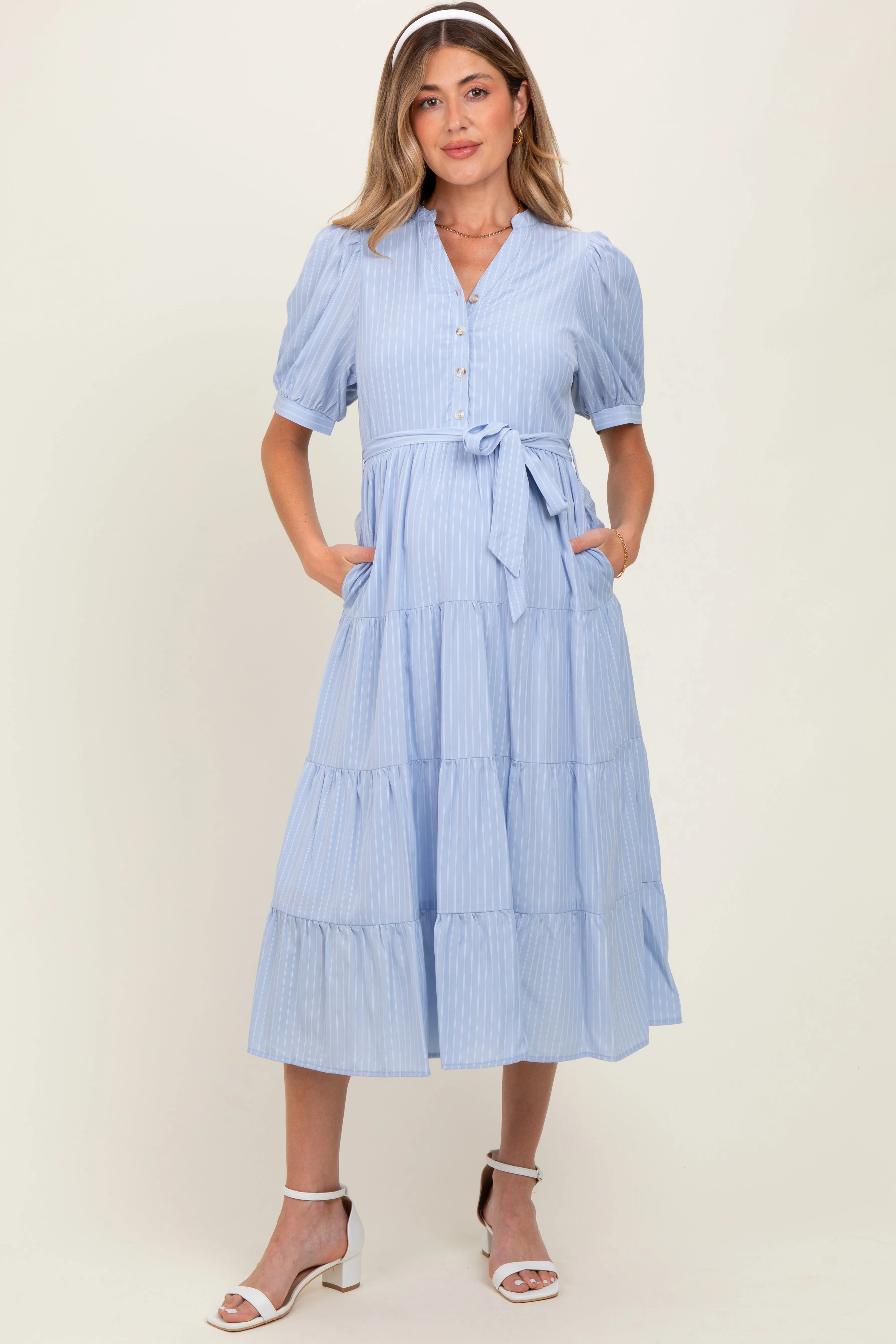 Light Blue Striped Button Up Tiered Maternity Maxi Dress sold by Pinkblush