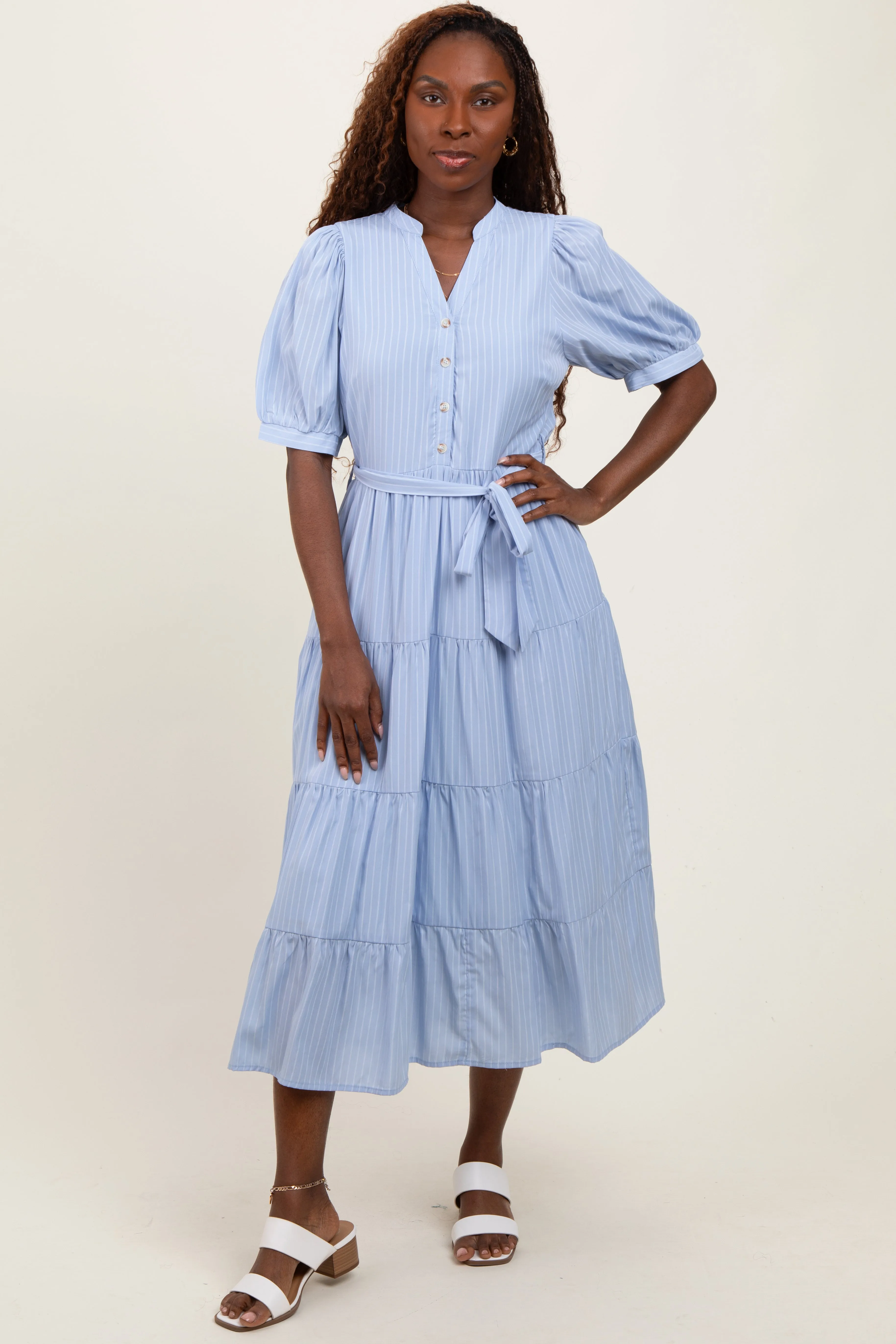 Light Blue Striped Button Up Tiered Maternity Maxi Dress sold by Pinkblush product image thumbnail 5