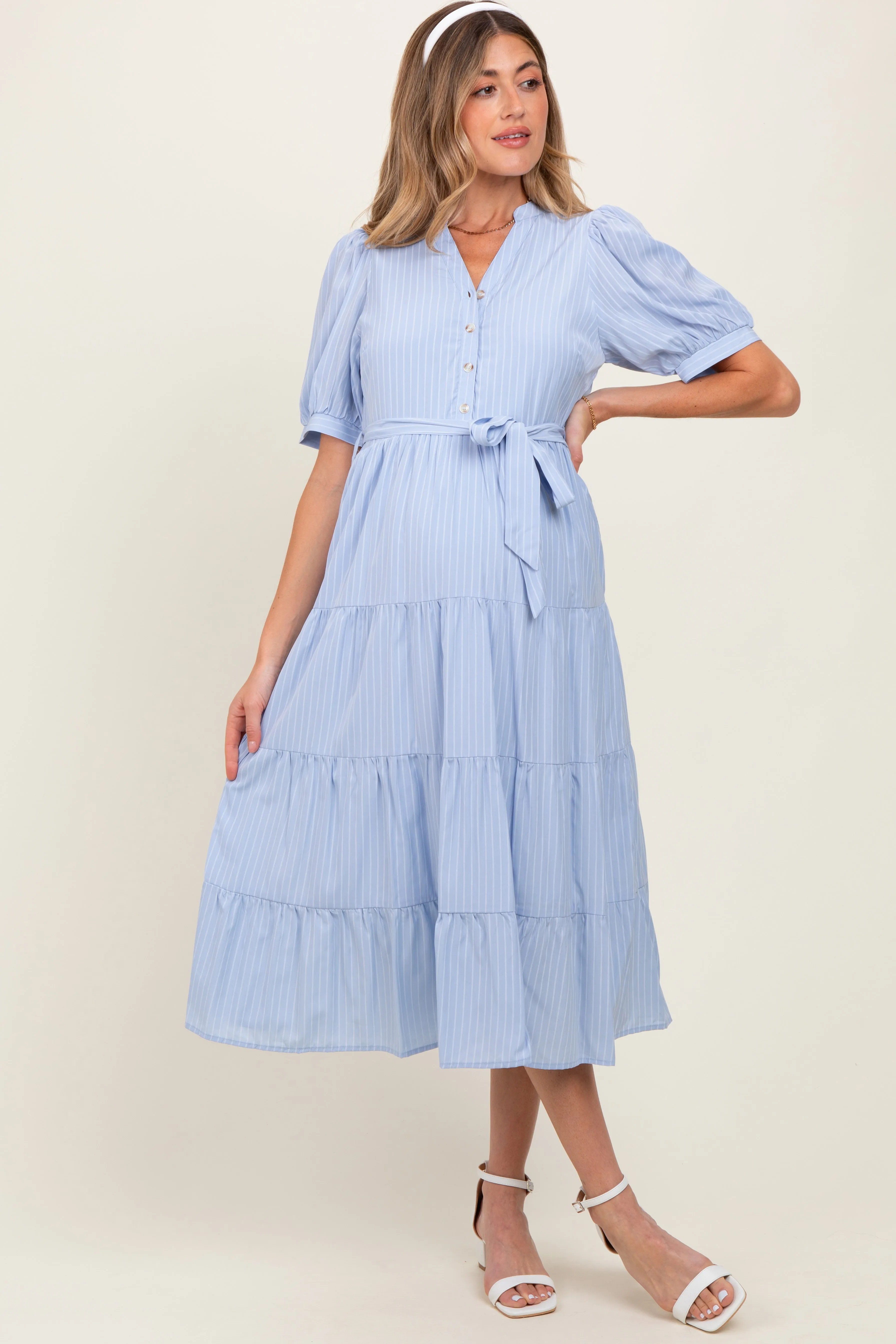 Light Blue Striped Button Up Tiered Maternity Maxi Dress sold by Pinkblush product image thumbnail 2