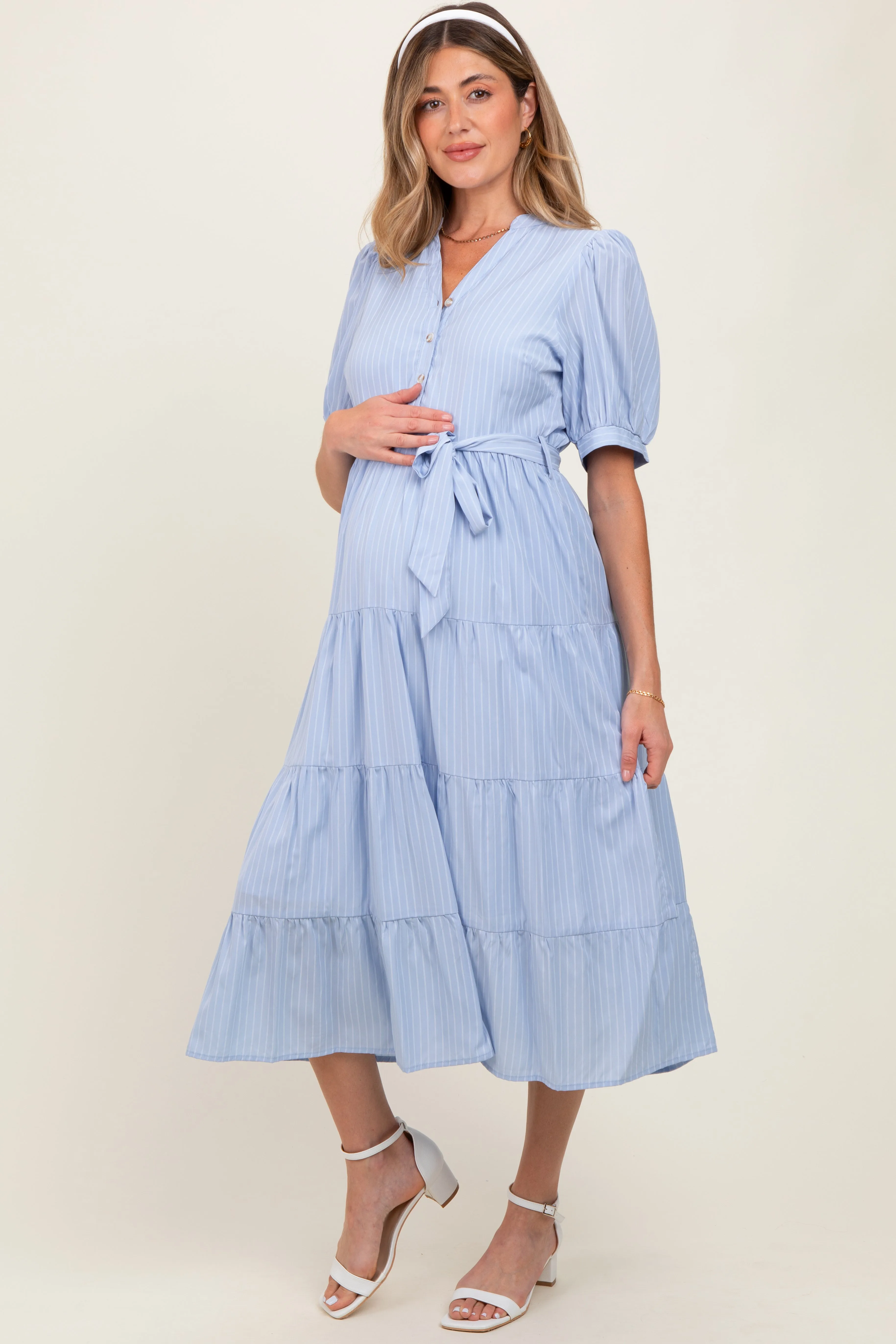 Light Blue Striped Button Up Tiered Maternity Maxi Dress sold by Pinkblush product image thumbnail 3
