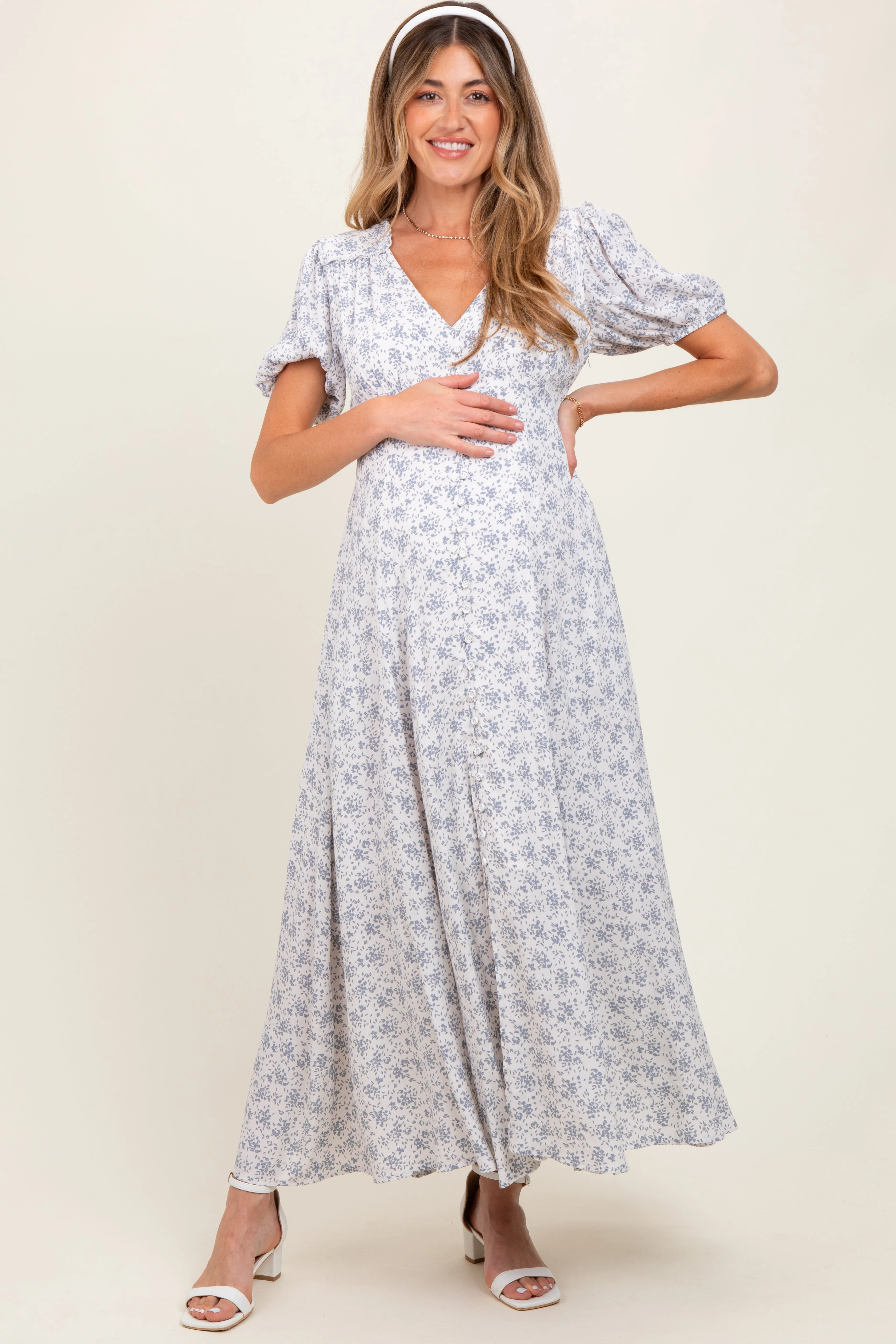 Light Blue Floral Button Down Maternity Dress sold by Pinkblush