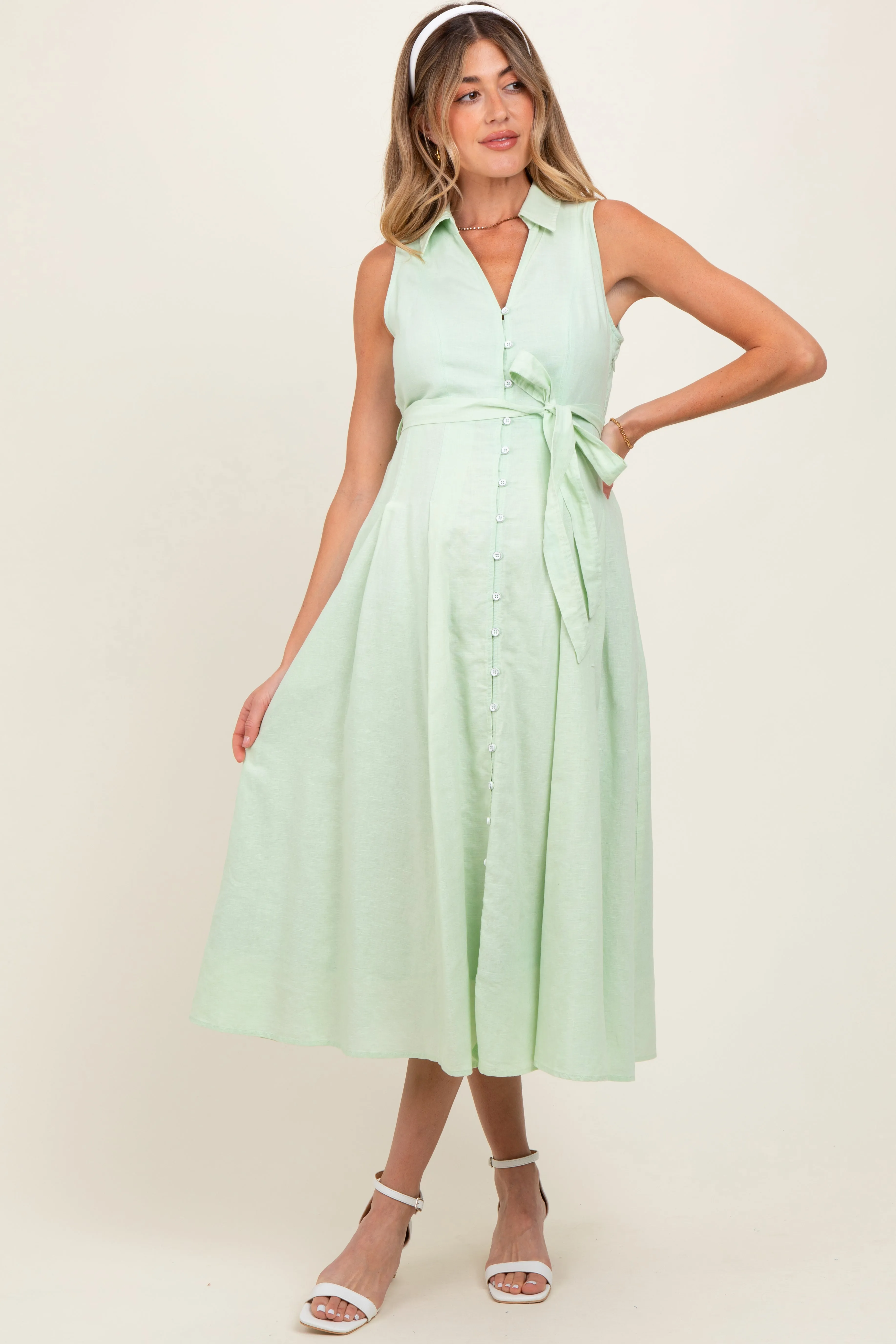 Mint Green Sleeveless Linen Blend Maternity Midi Shirt Dress sold by Pinkblush product image thumbnail 2