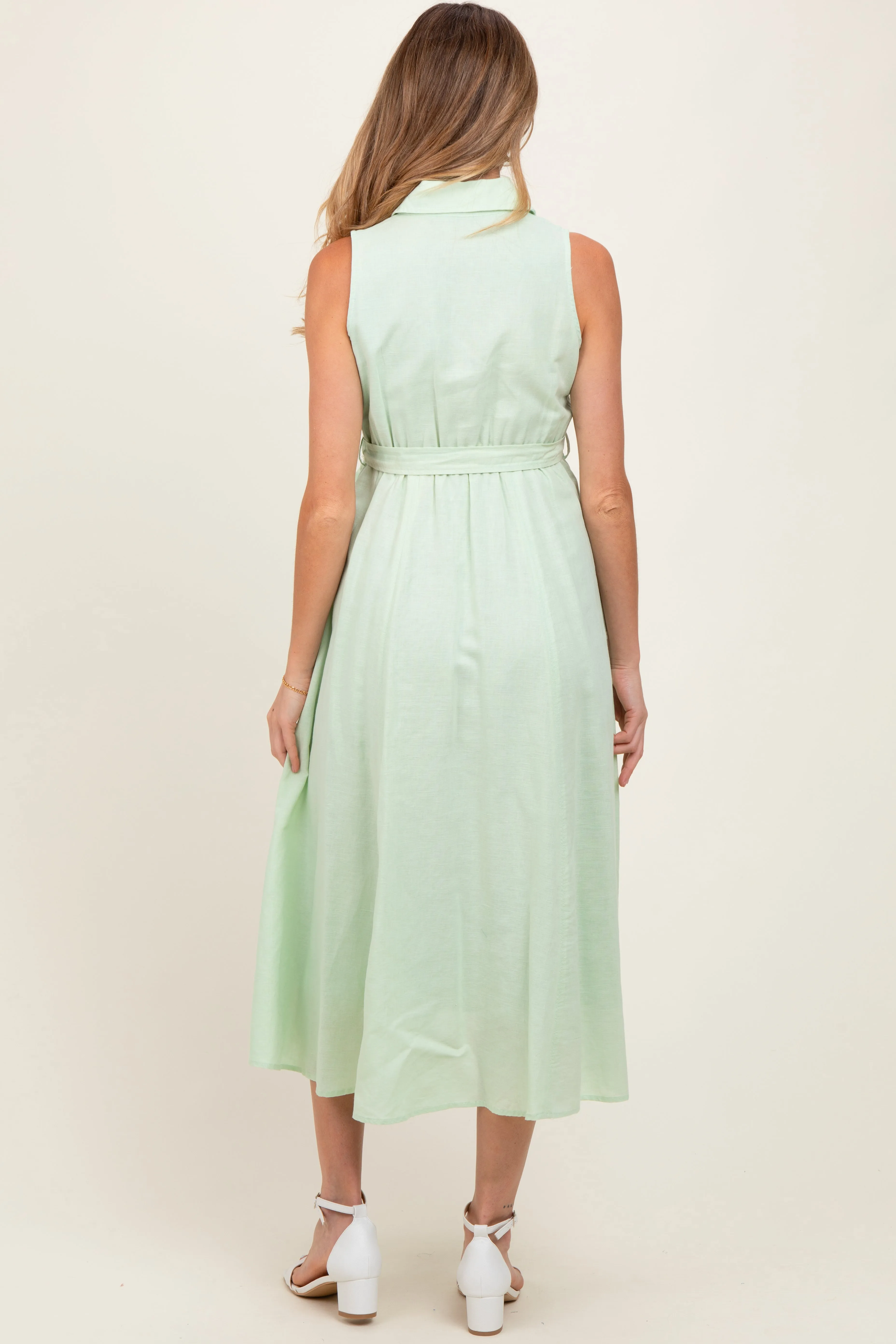 Mint Green Sleeveless Linen Blend Maternity Midi Shirt Dress sold by Pinkblush product image thumbnail 3