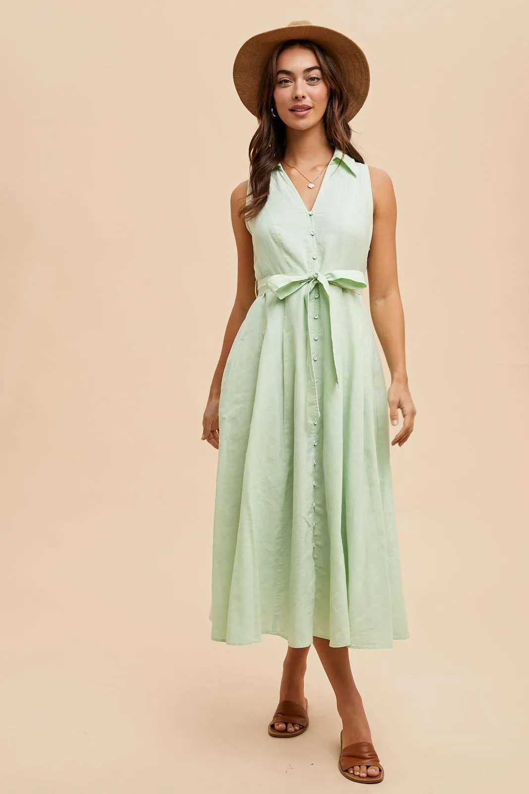 Mint Green Sleeveless Linen Blend Maternity Midi Shirt Dress sold by Pinkblush product image thumbnail 4