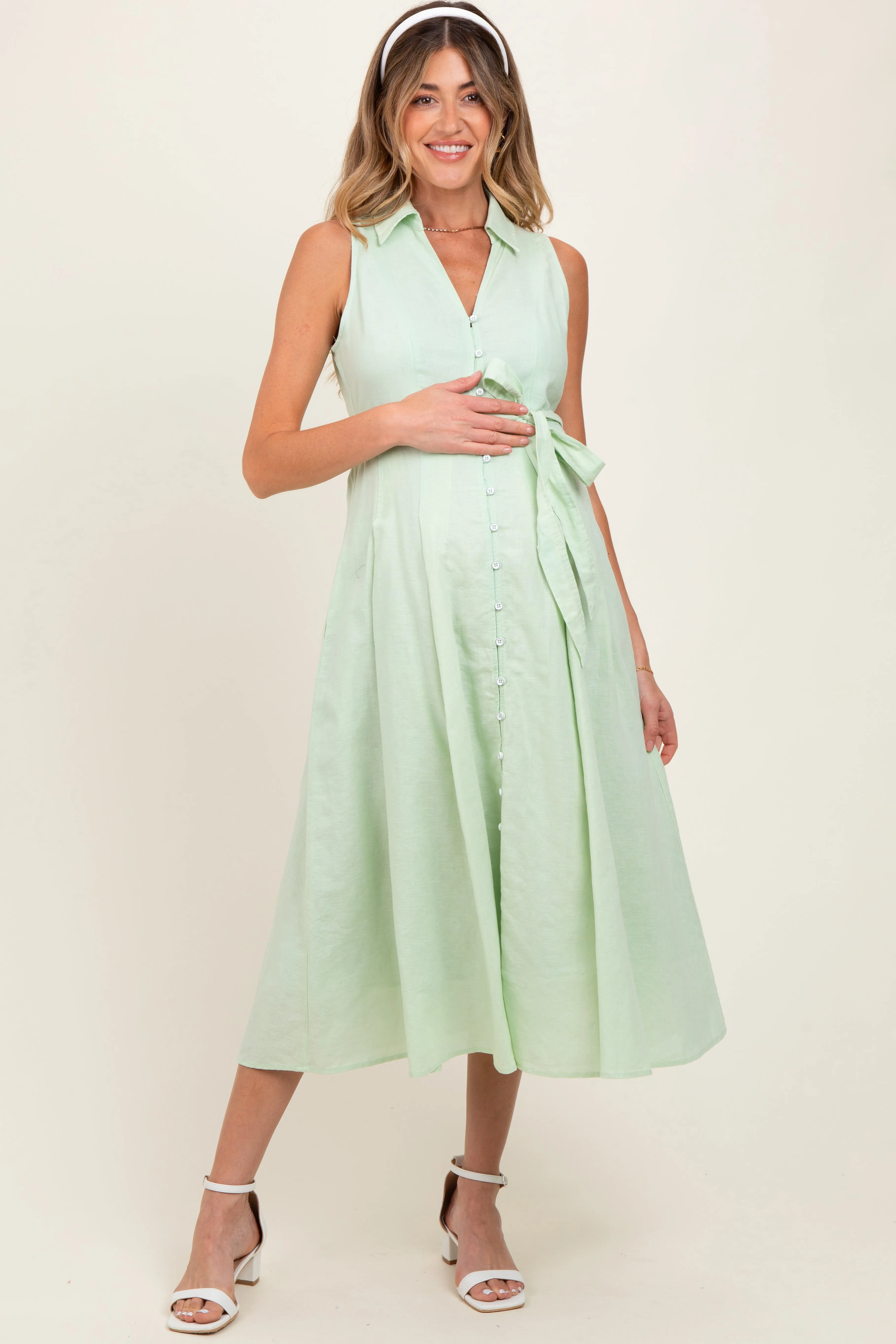 Mint Green Sleeveless Linen Blend Maternity Midi Shirt Dress sold by Pinkblush