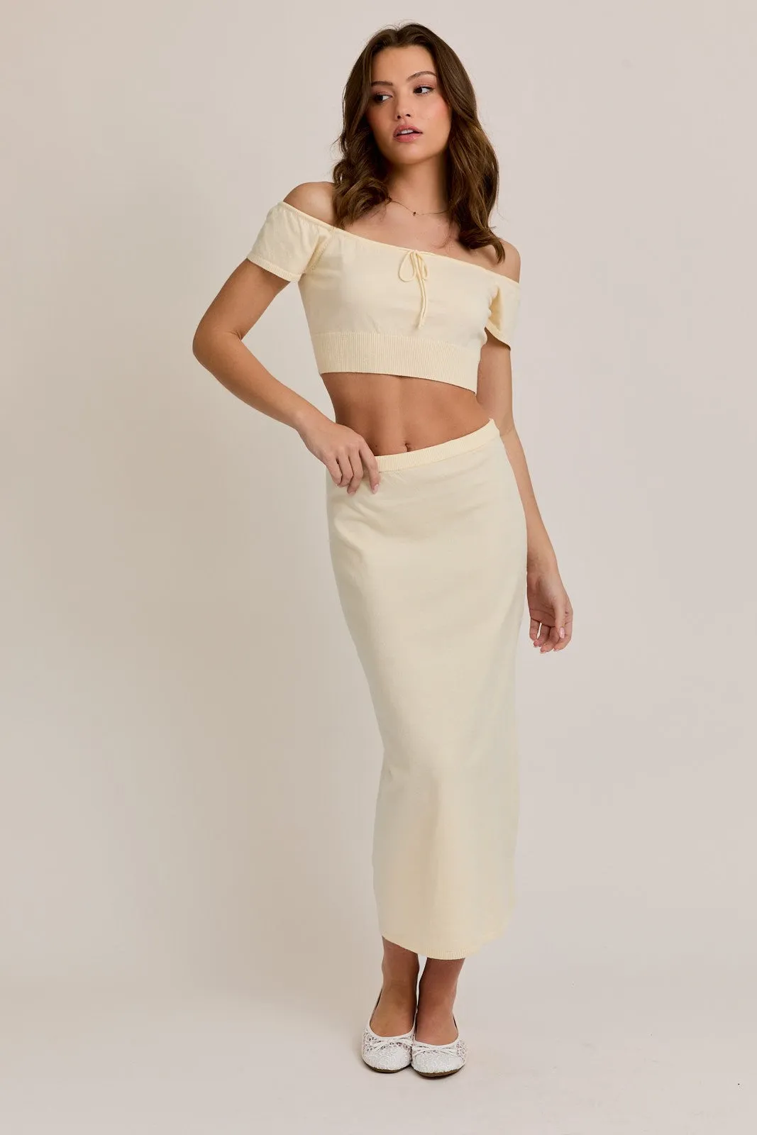 Cream Knit Off Shoulder Crop Top Maxi Skirt Maternity Set sold by Pinkblush product image thumbnail 5