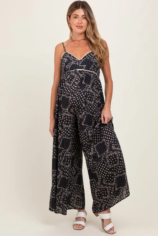 Black Paisley Printed Wide Relaxed Fit Maternity Jumpsuit sold by Pinkblush