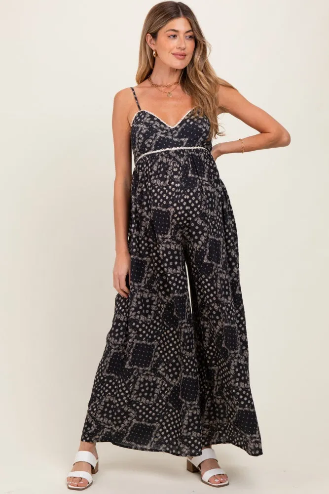 Black Paisley Printed Wide Relaxed Fit Maternity Jumpsuit sold by Pinkblush product image thumbnail 2