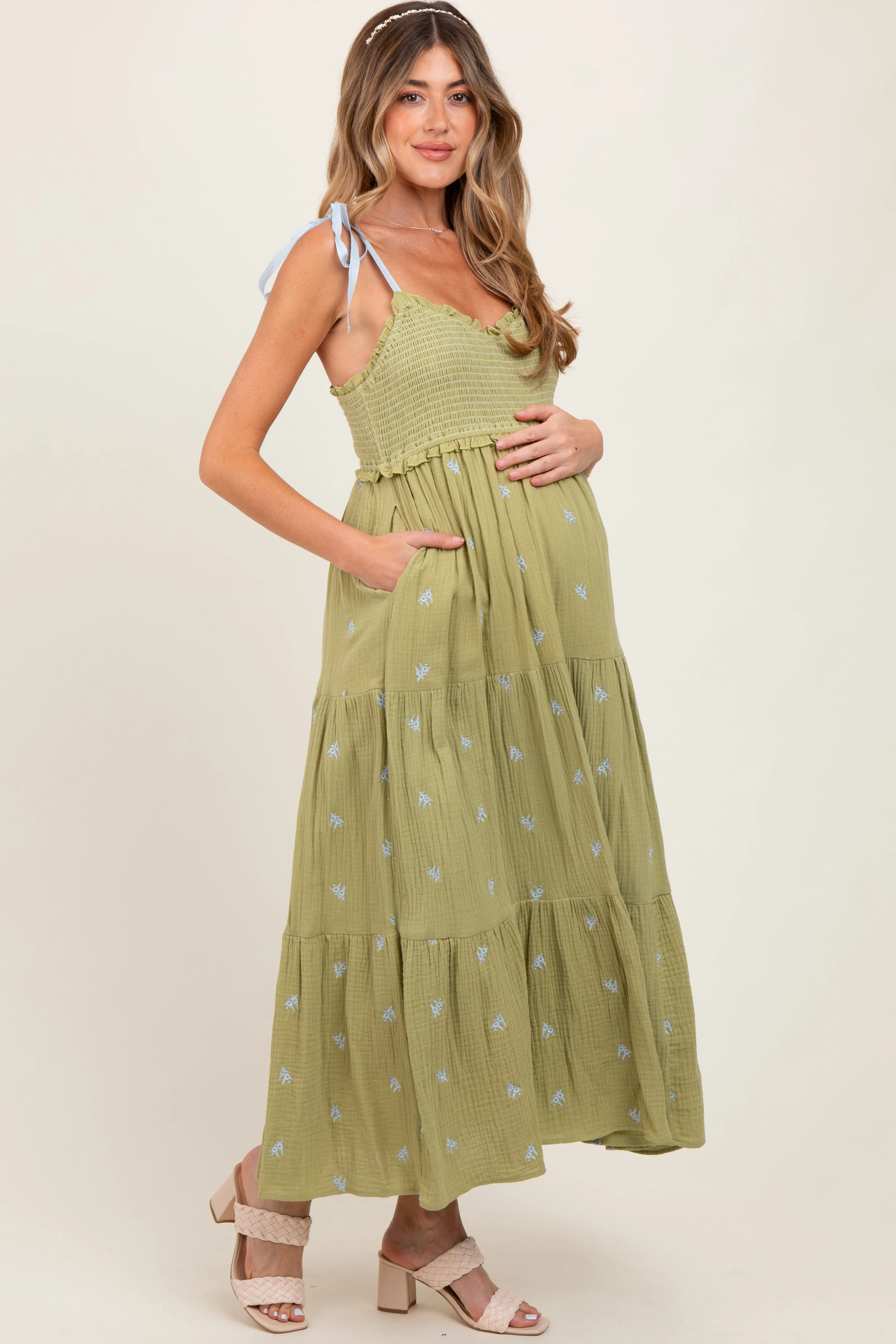Light Olive Embroidered Smocked Shoulder Tie Maternity Maxi Dress sold by Pinkblush product image thumbnail 3