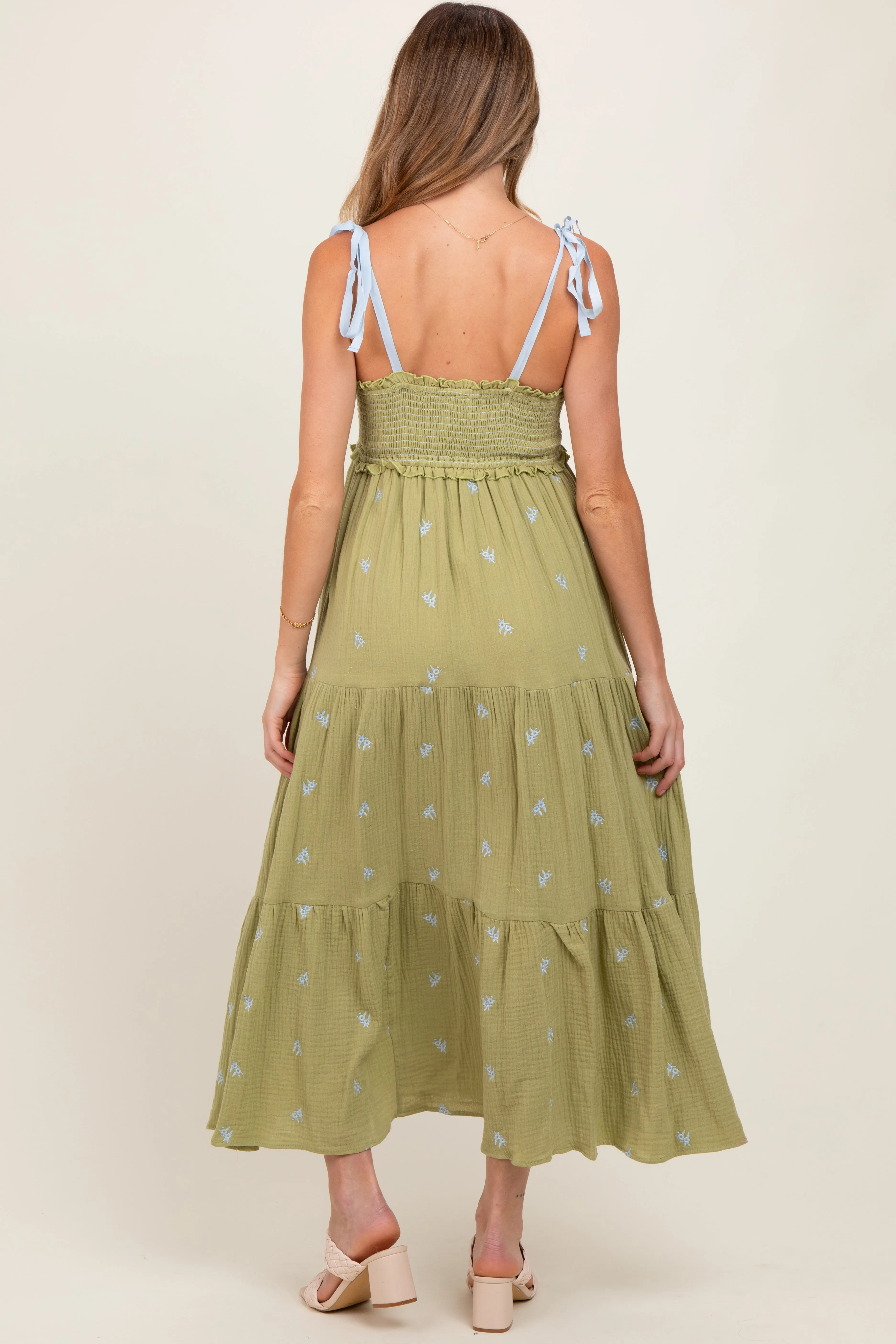 Light Olive Embroidered Smocked Shoulder Tie Maternity Maxi Dress sold by Pinkblush product image thumbnail 4