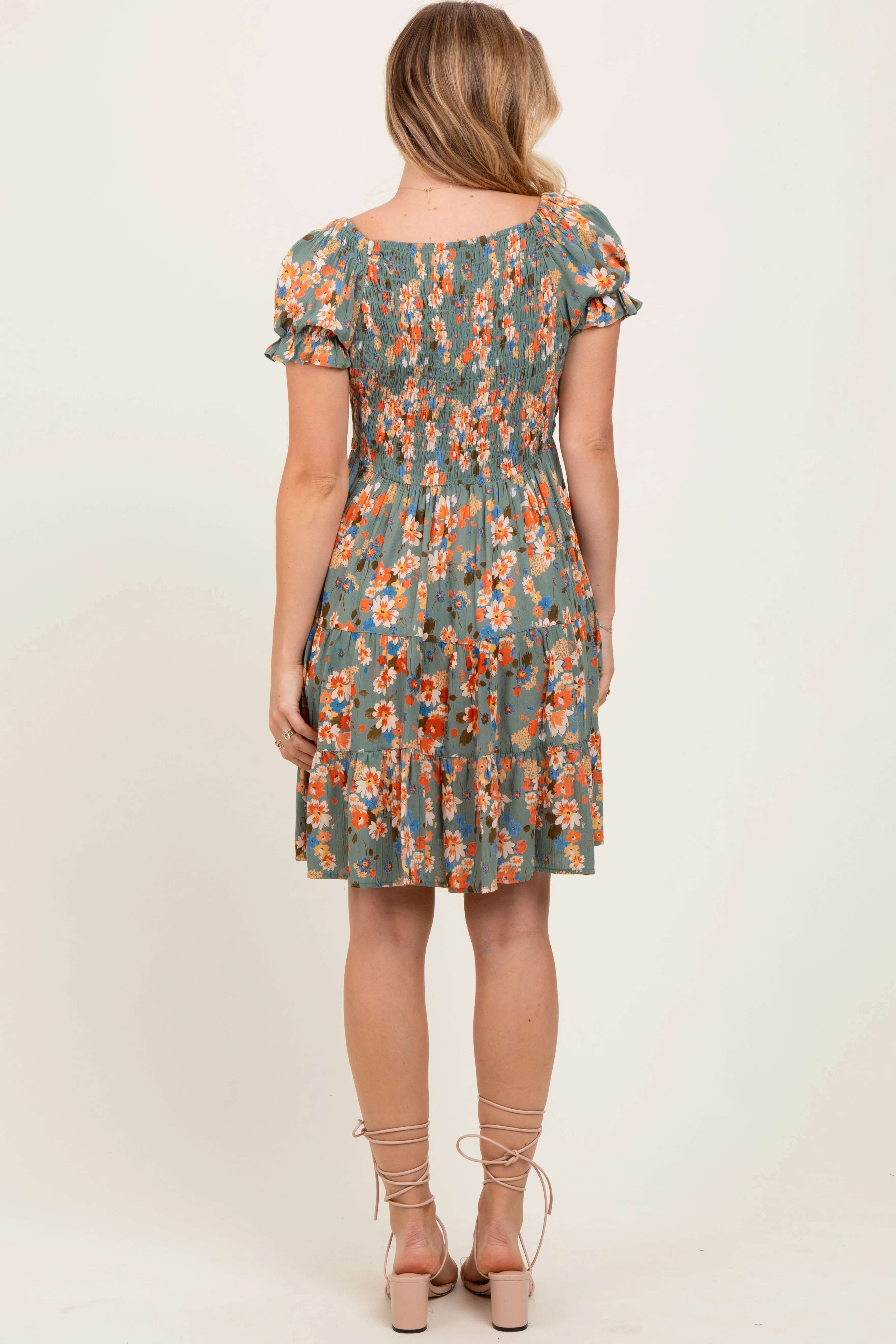 Olive Floral Smocked V-Neck Puff Sleeve Dress sold by Pinkblush product image thumbnail 4