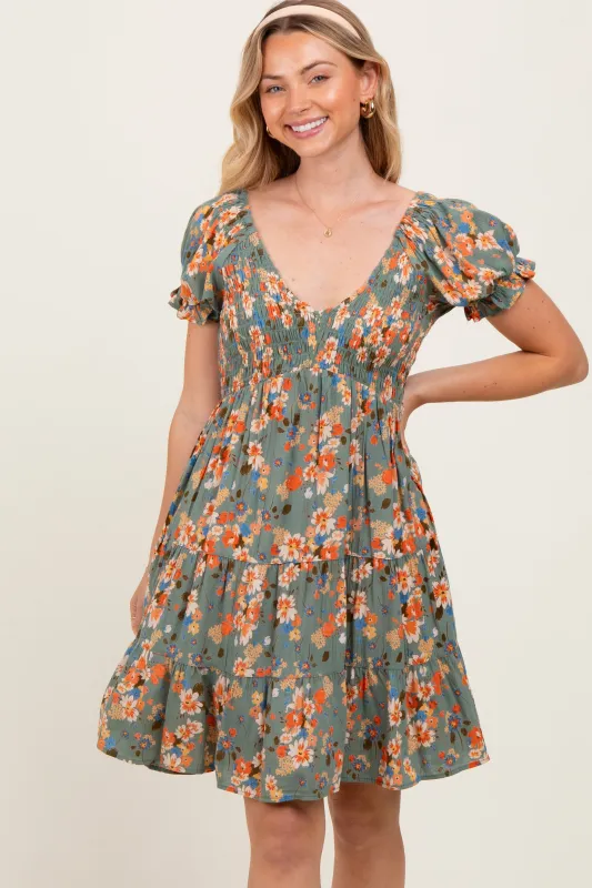 Olive Floral Smocked V-Neck Puff Sleeve Dress sold by Pinkblush