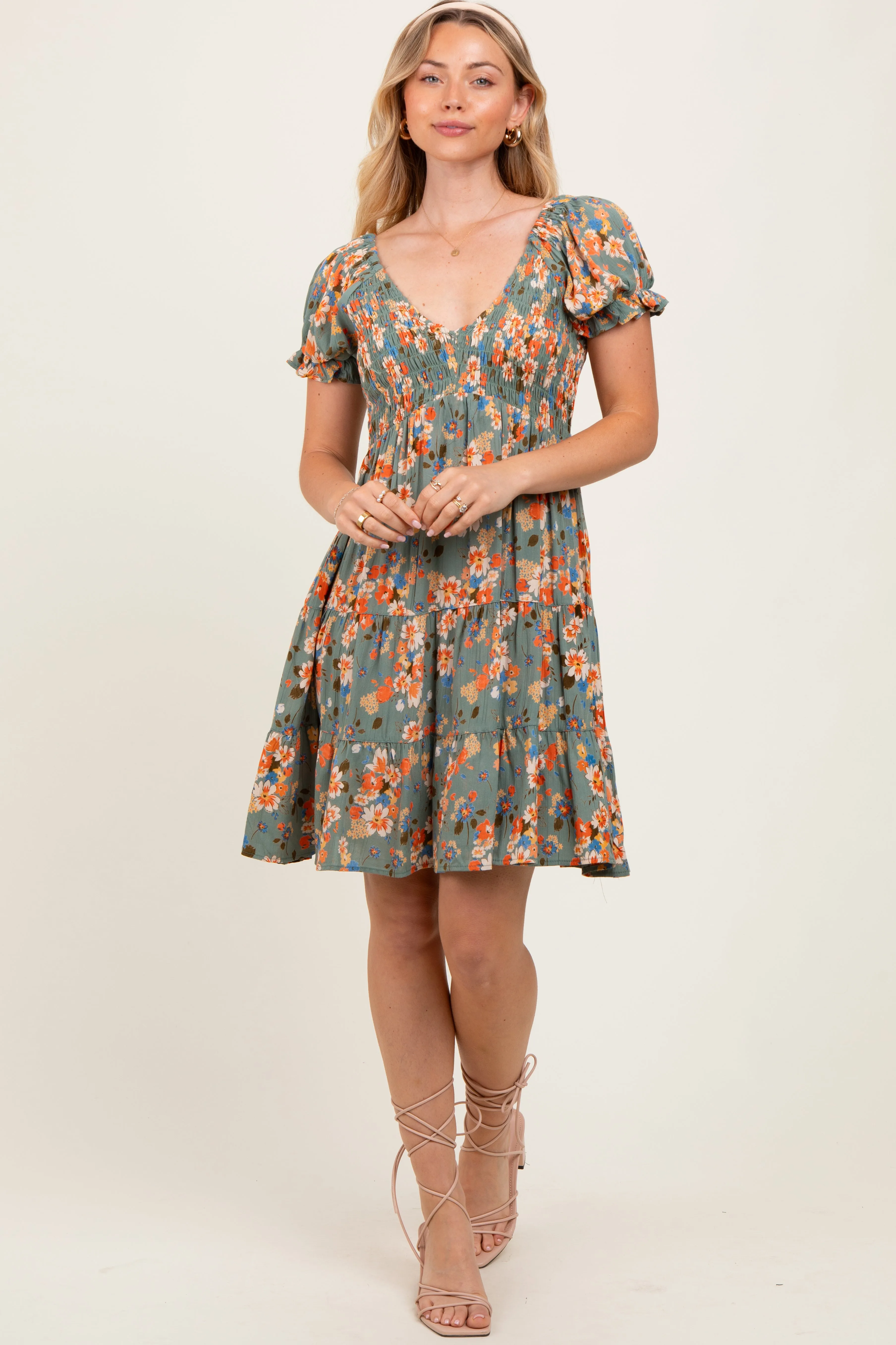 Olive Floral Smocked V-Neck Puff Sleeve Dress sold by Pinkblush product image thumbnail 2
