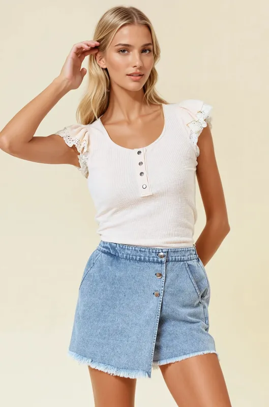 Cream Ruffle Crochet Sleeve Henley Top sold by Pinkblush