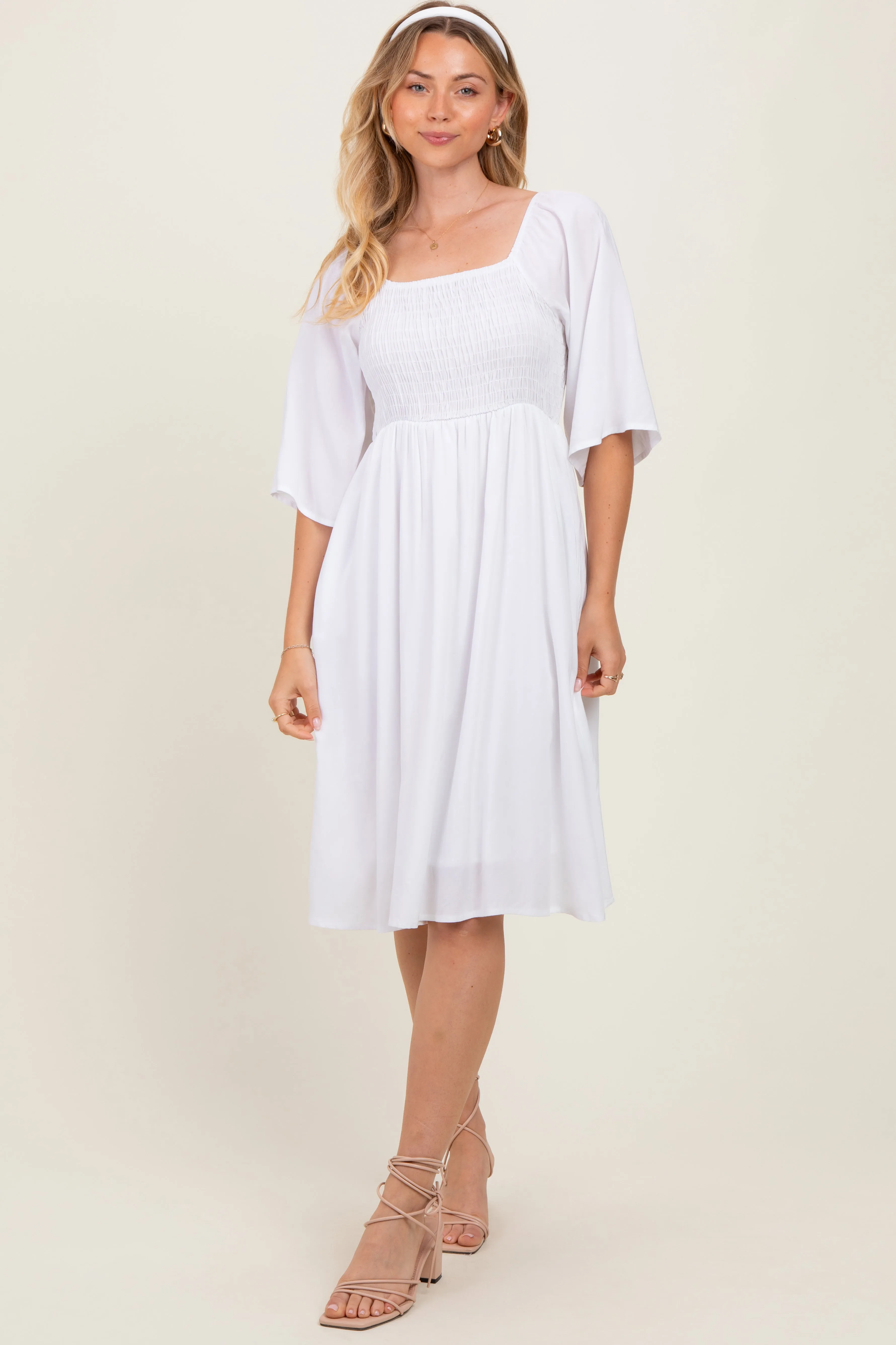 White Smocked Midi Dress sold by Pinkblush