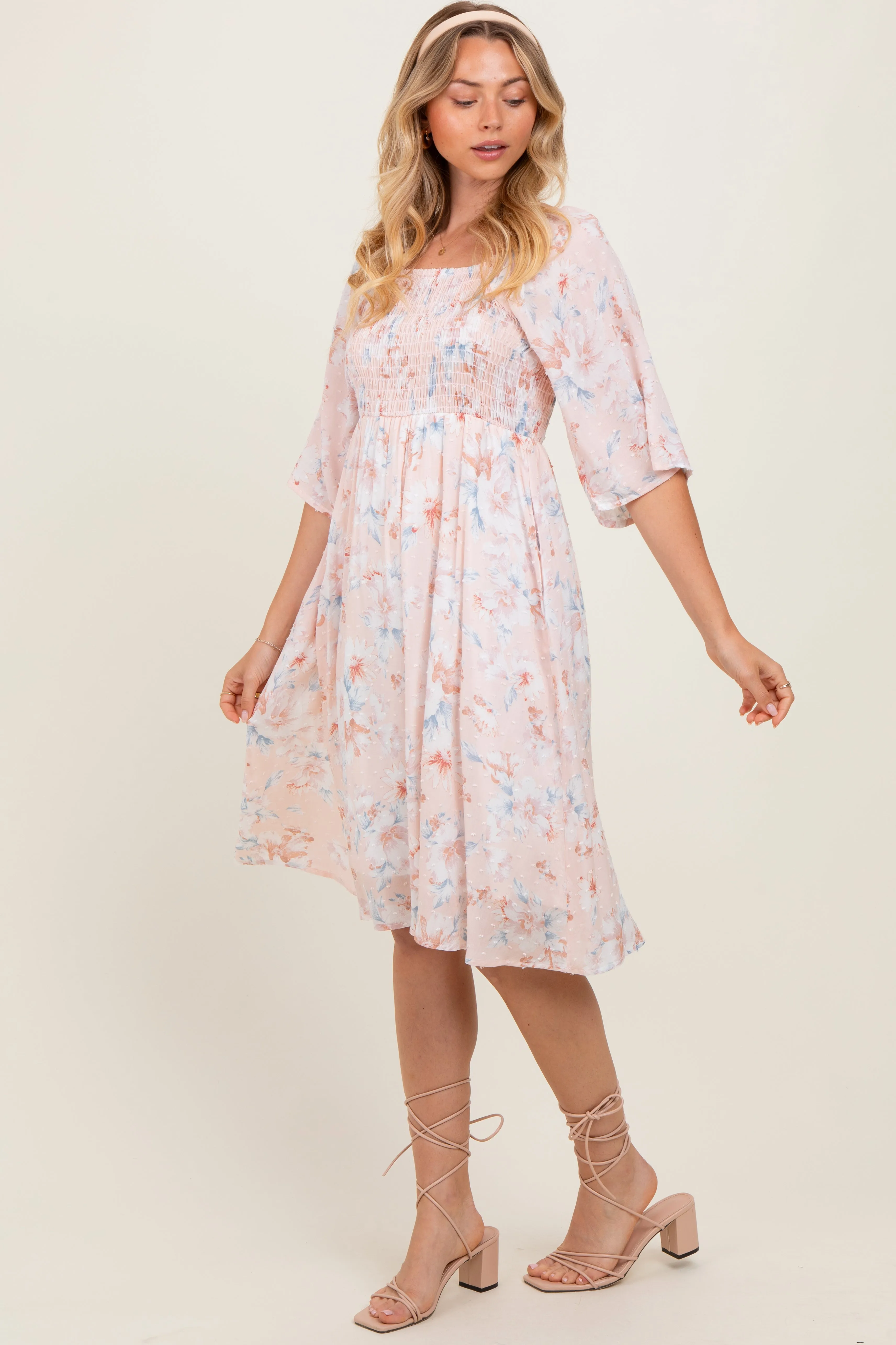 Peach Floral Smocked Midi Dress sold by Pinkblush product image thumbnail 3