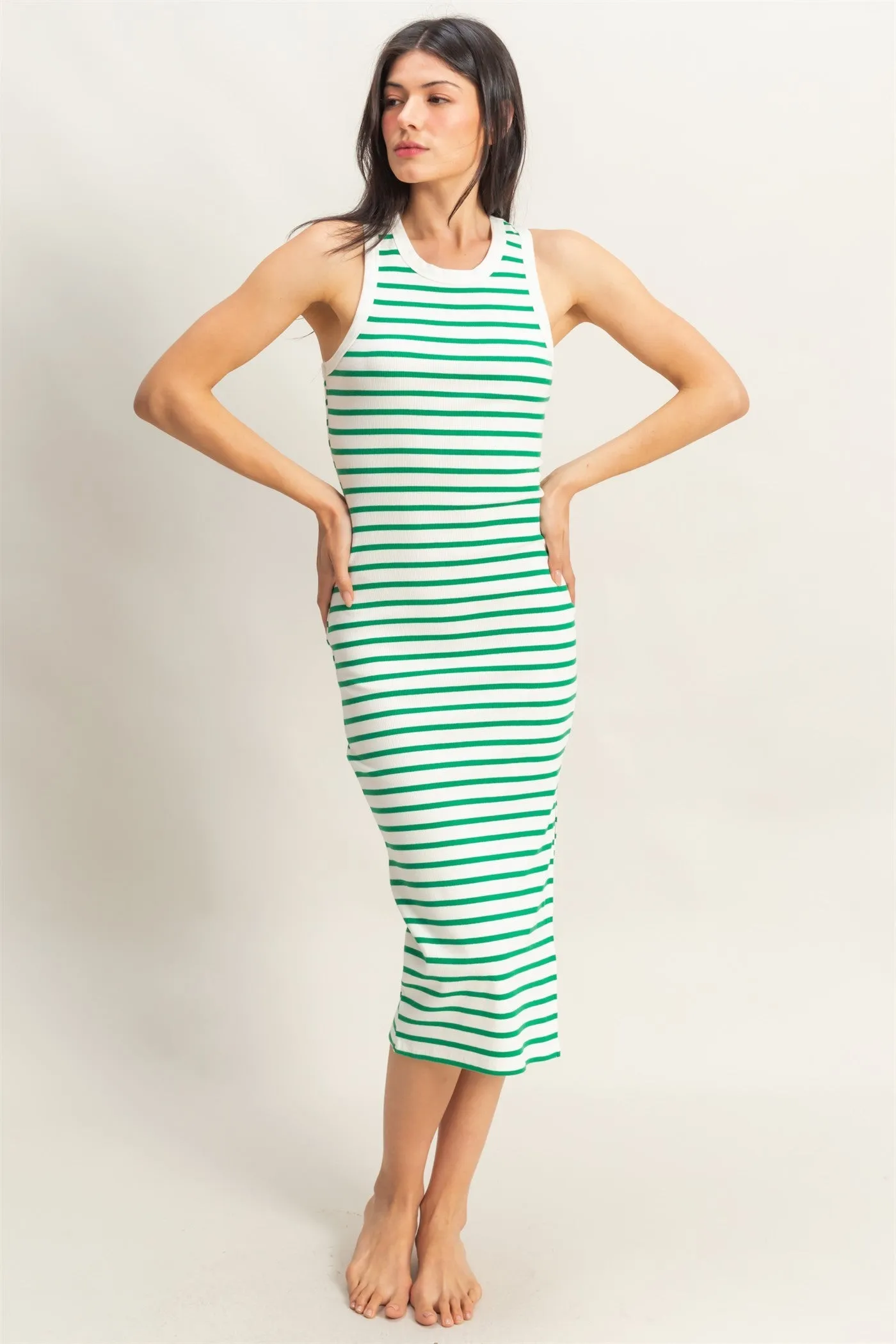 Green/White Striped Sleeveless Fitted Midi Dress sold by Pinkblush product image thumbnail 4