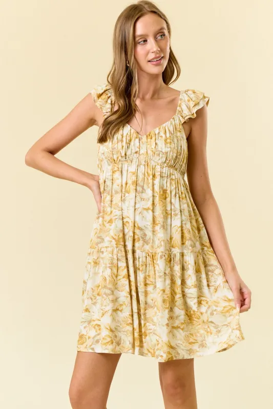 Yellow Floral Ruffle Sleeve Tiered Mini Dress sold by Pinkblush