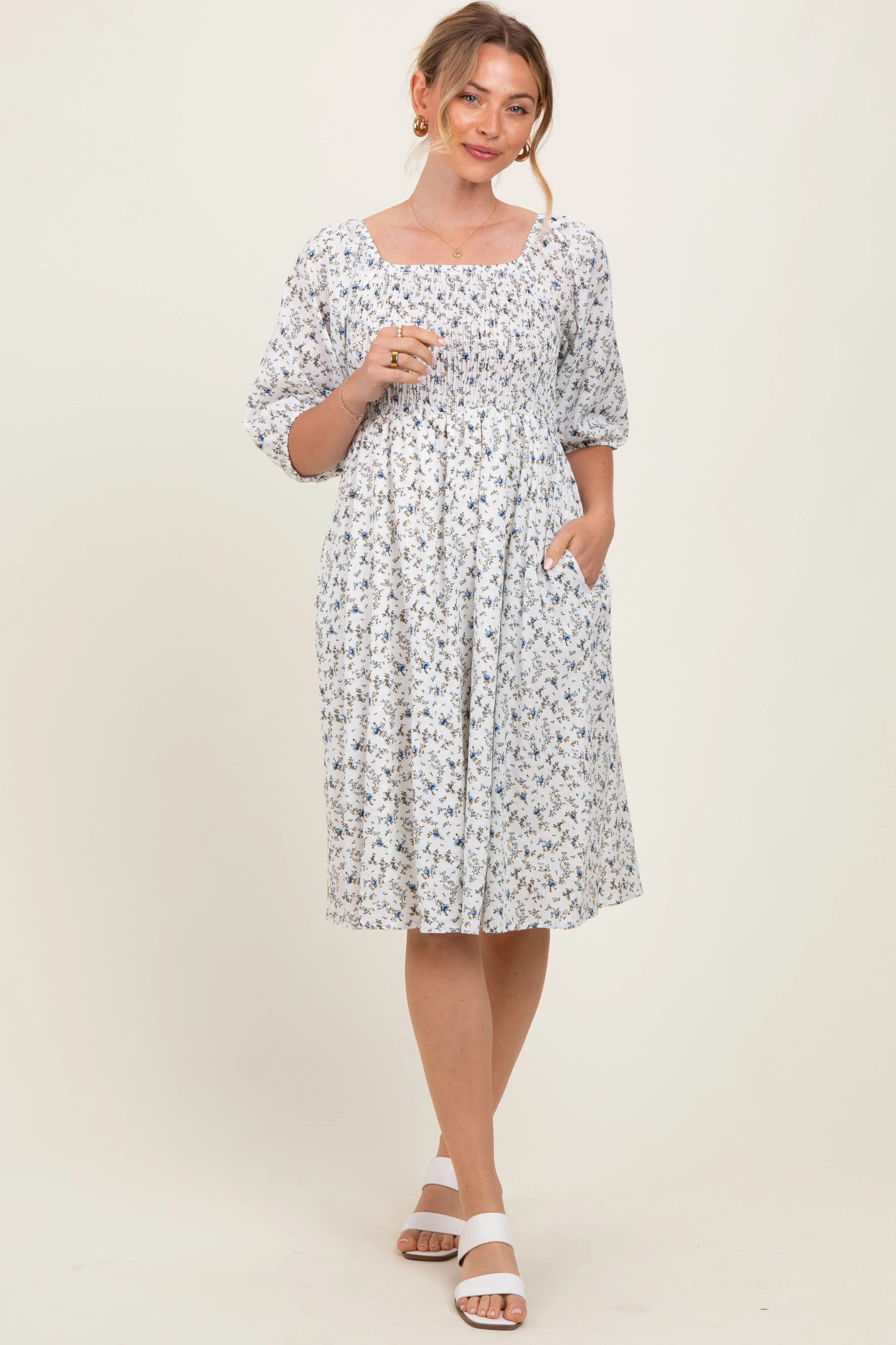 White Floral Smocked Midi Dress sold by Pinkblush product image thumbnail 2