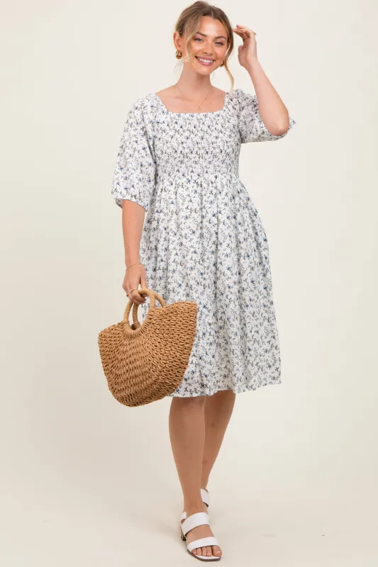 White Floral Smocked Midi Dress sold by Pinkblush