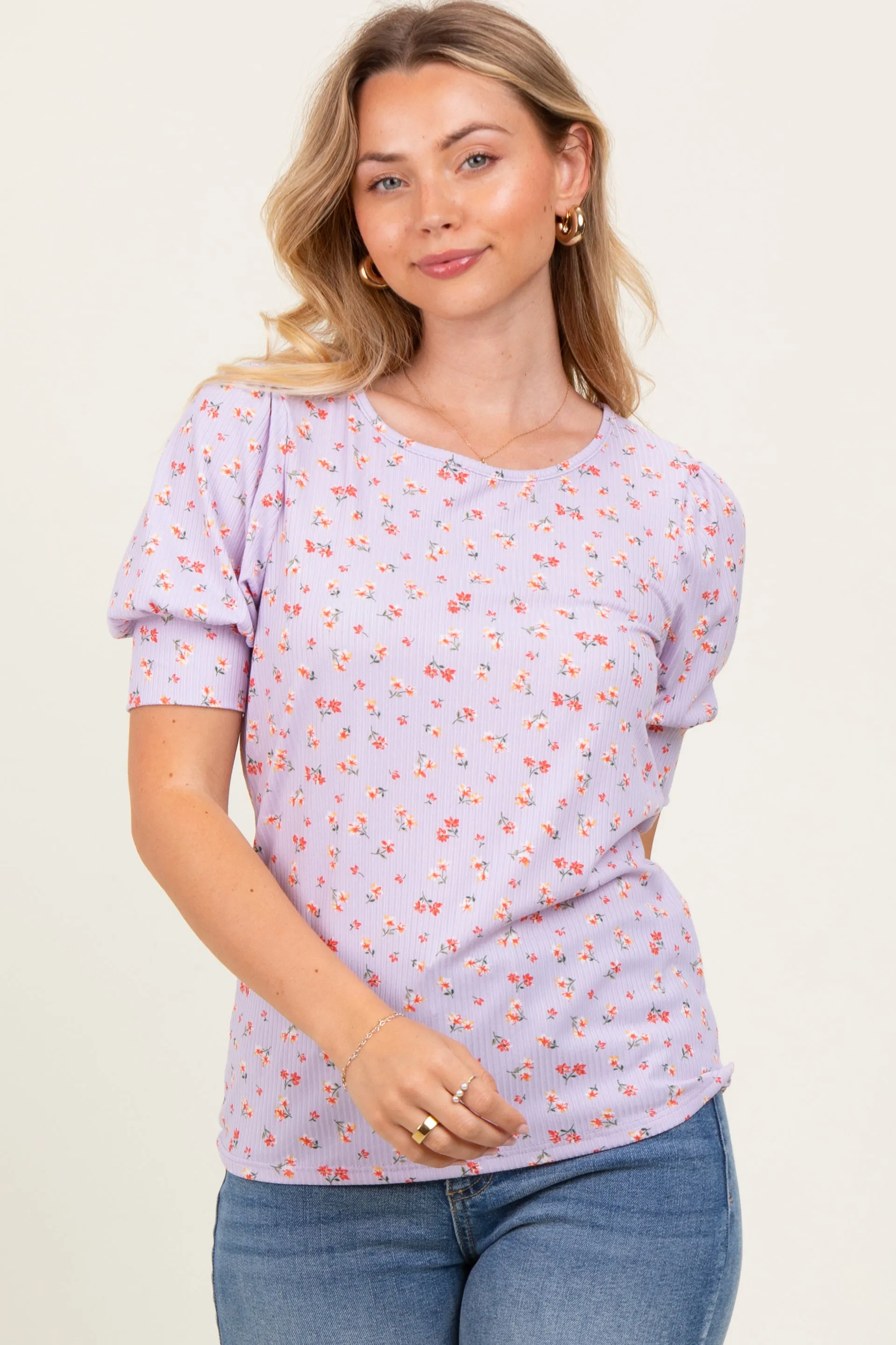 Lavender Floral Ribbed Puff Sleeve Top sold by Pinkblush product image thumbnail 2