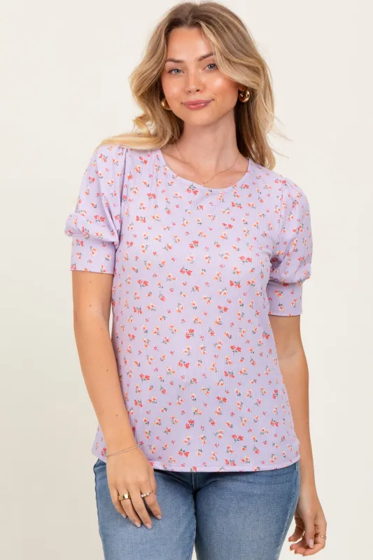 Lavender Floral Ribbed Puff Sleeve Top sold by Pinkblush