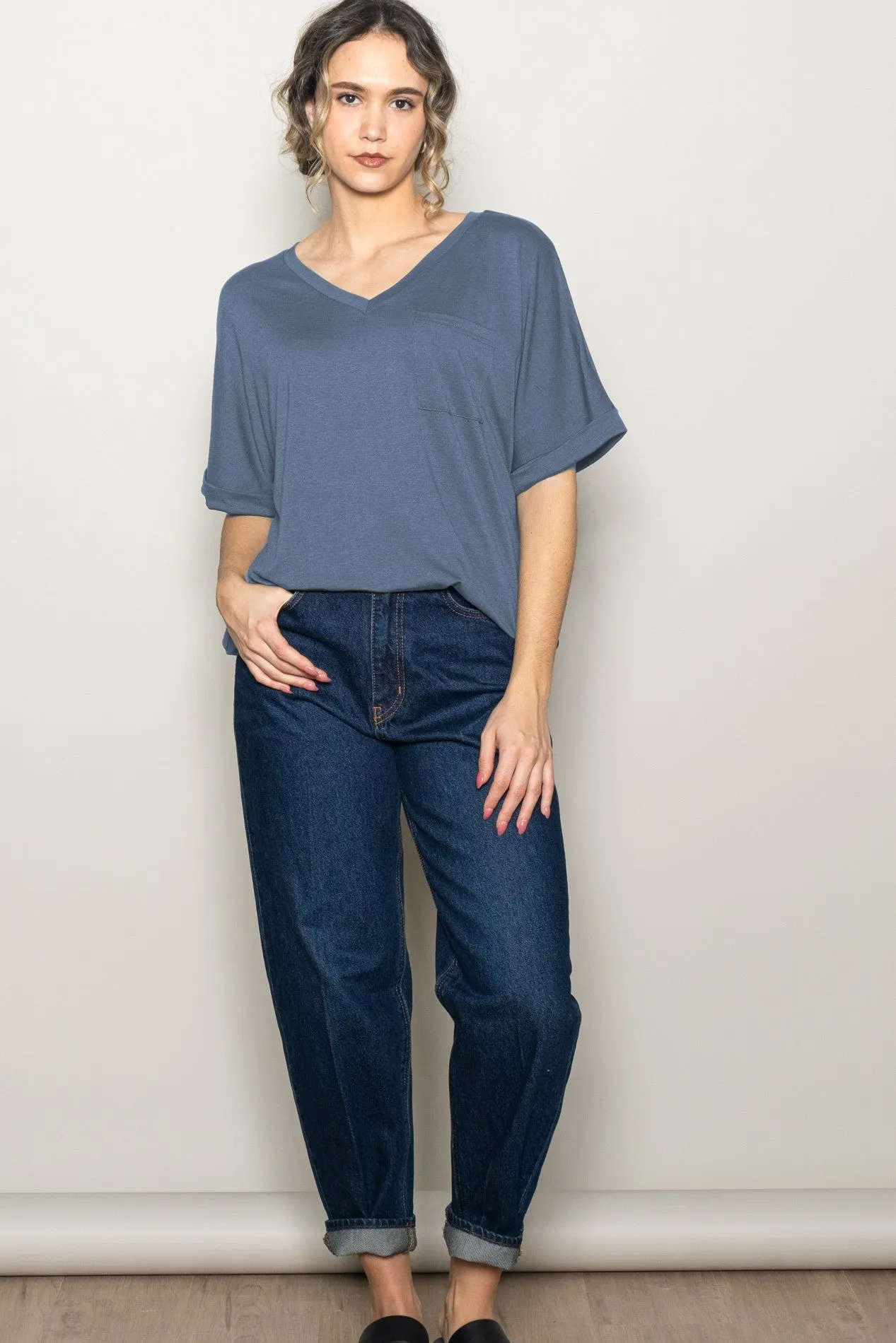 Dark Blue Oversized V-Neck Front Pocket T-Shirt sold by Pinkblush product image thumbnail 4