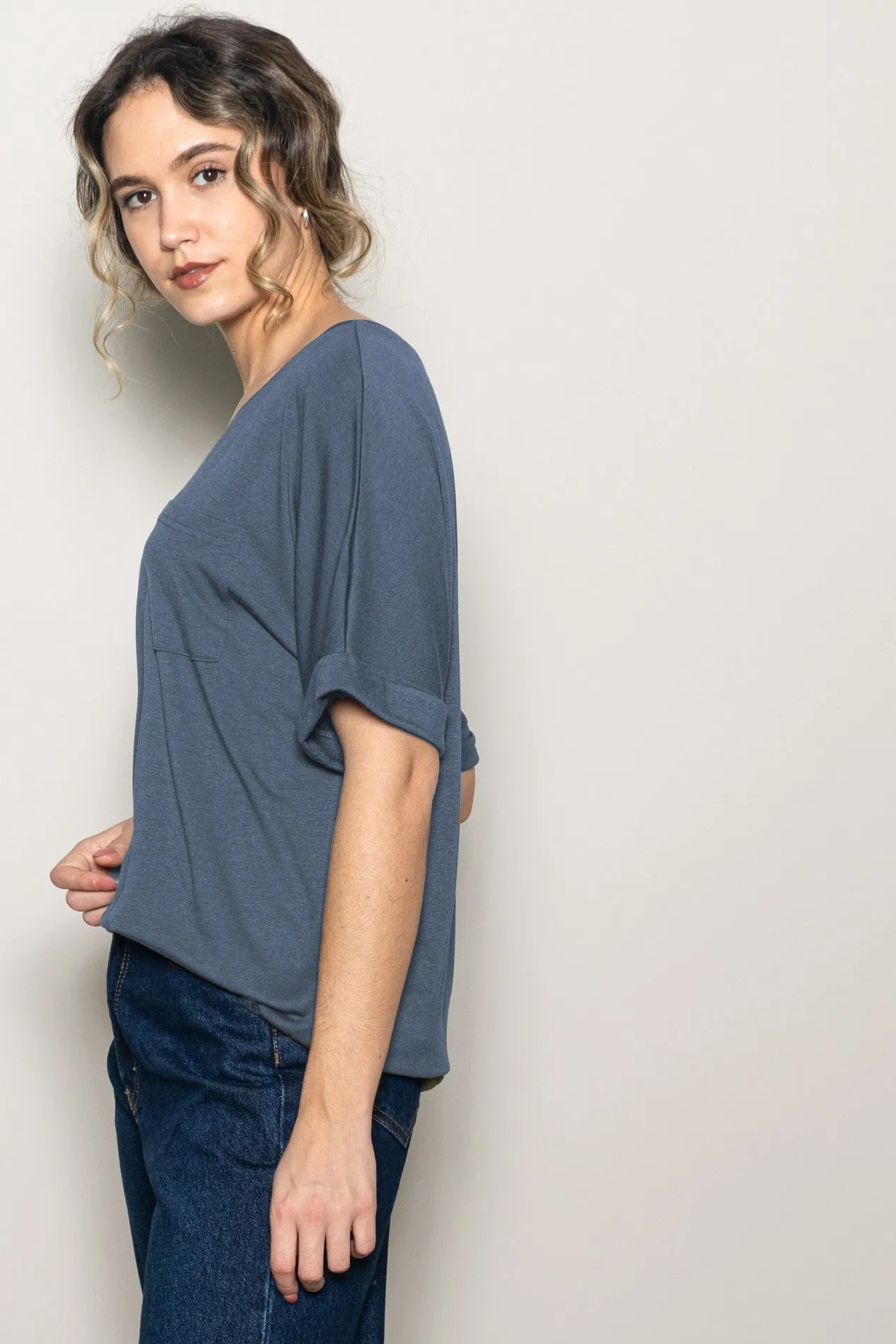 Dark Blue Oversized V-Neck Front Pocket T-Shirt sold by Pinkblush product image thumbnail 2