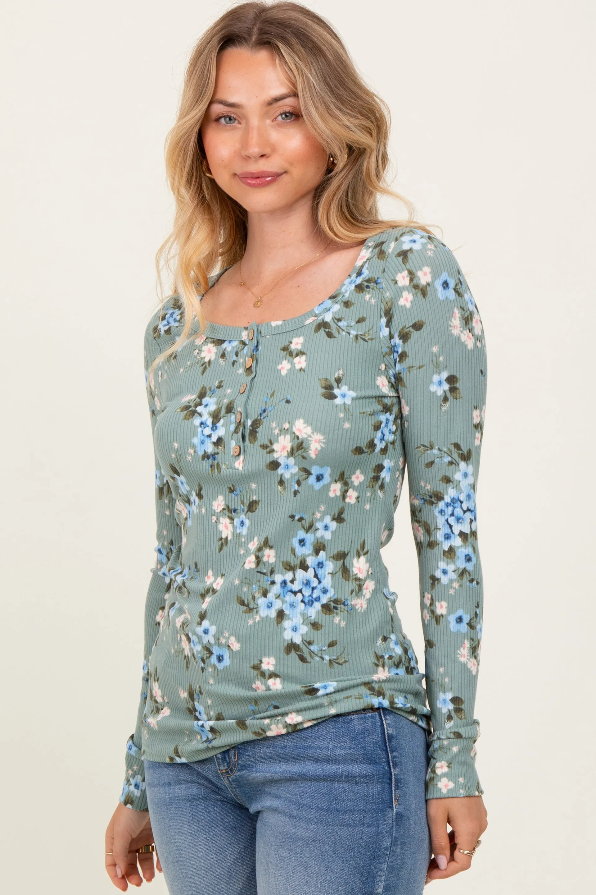 Light Olive Floral Ribbed Henley Top sold by Pinkblush product image thumbnail 3