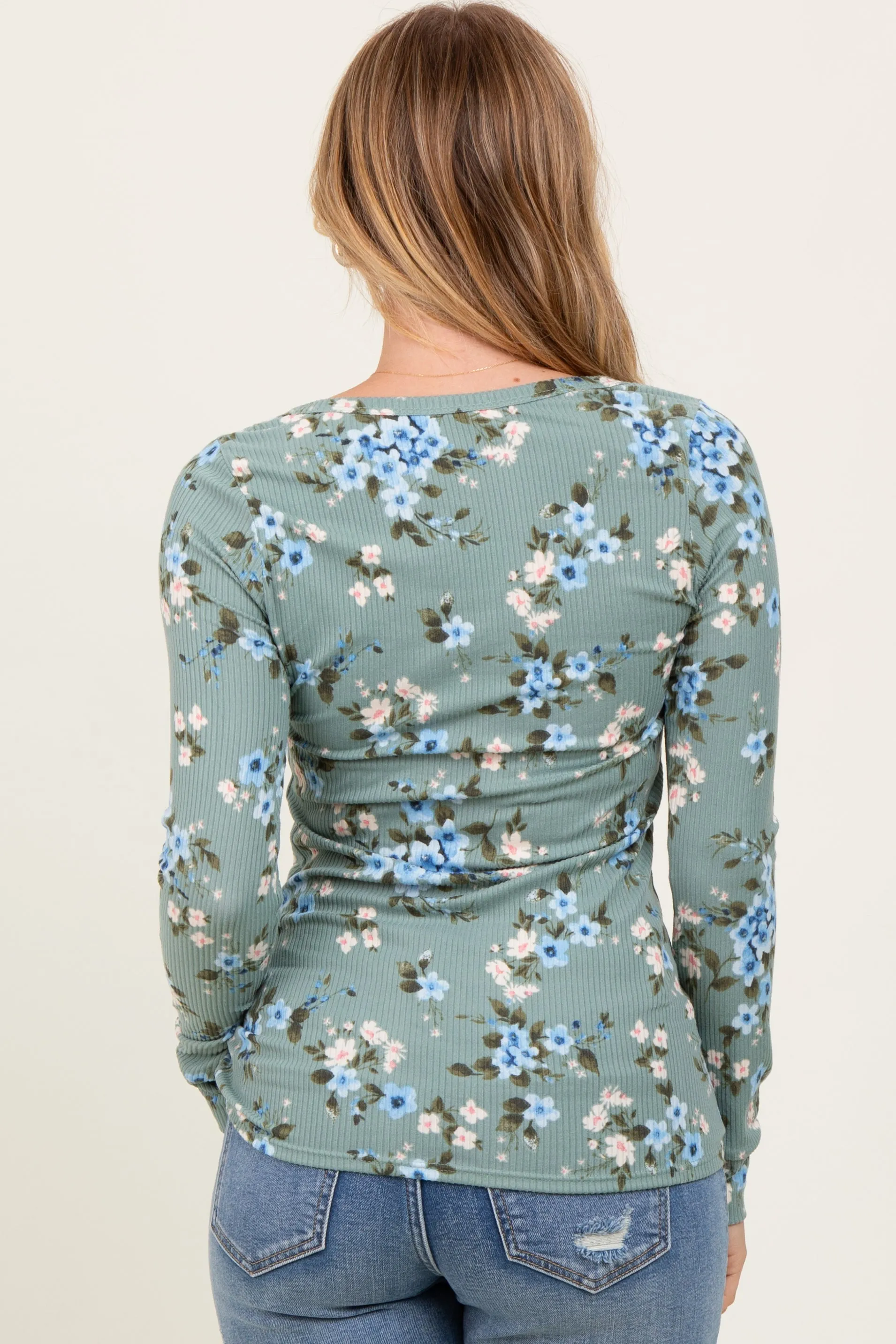 Light Olive Floral Ribbed Henley Top sold by Pinkblush product image thumbnail 4