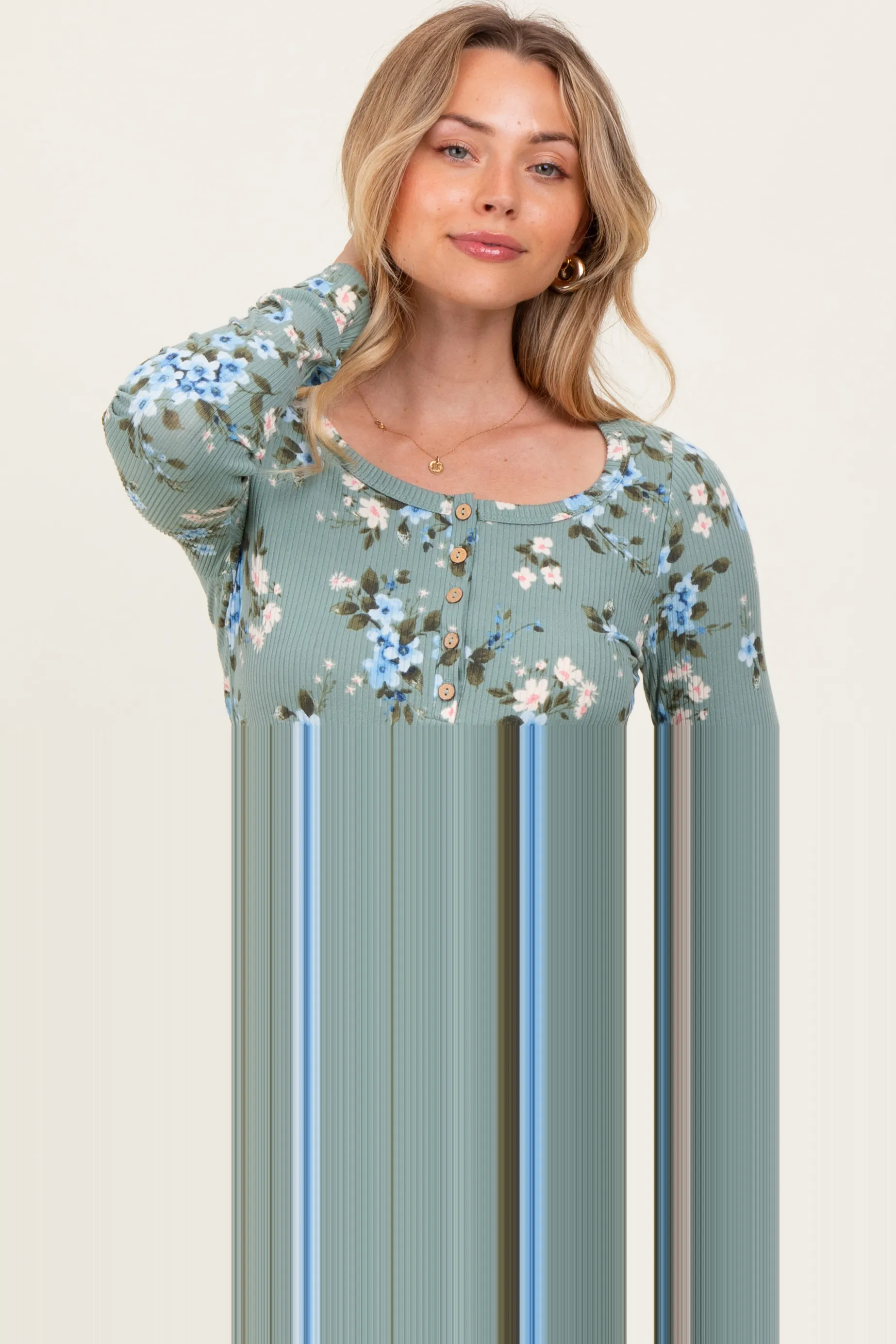 Light Olive Floral Ribbed Henley Top sold by Pinkblush product image thumbnail 2