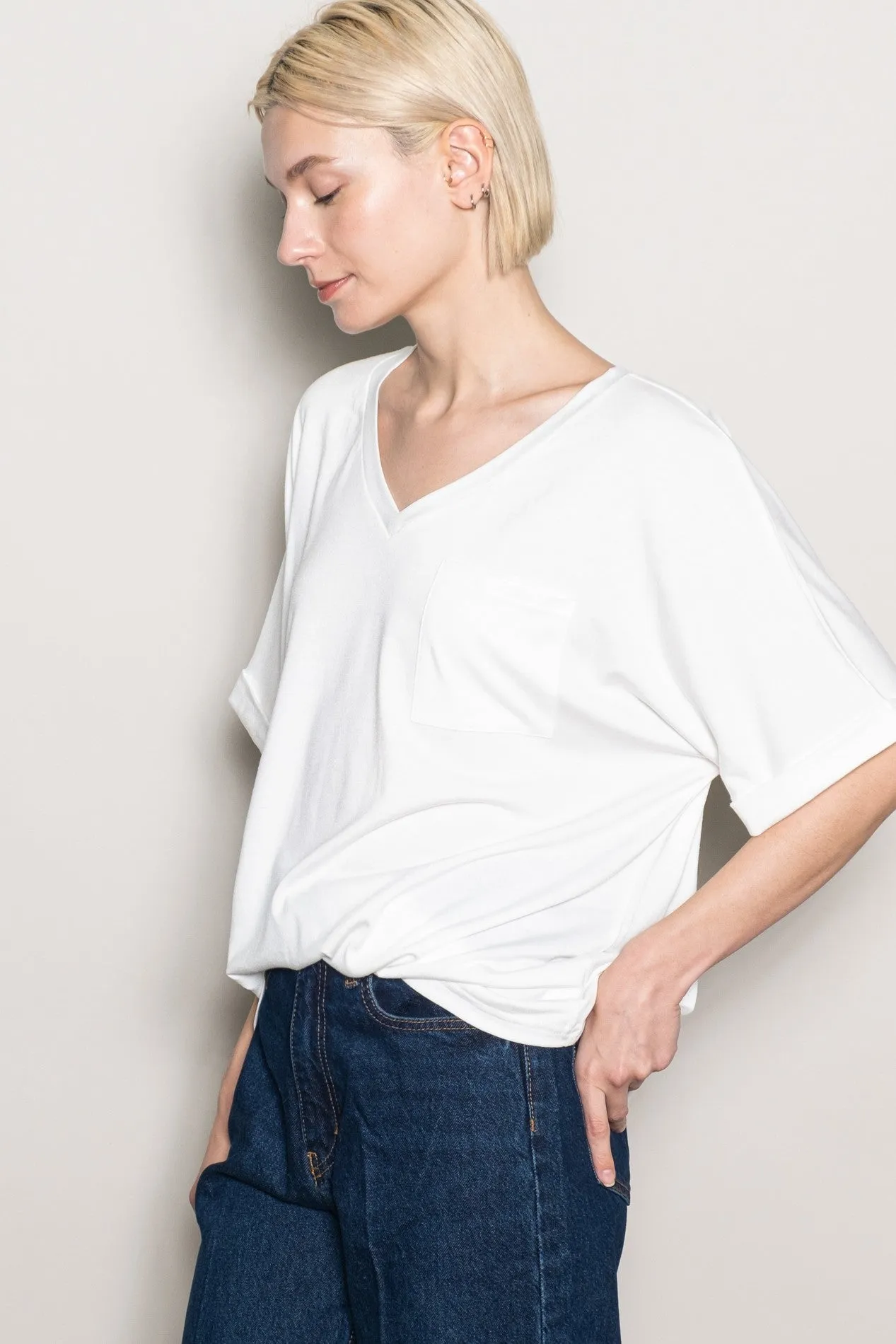 White Oversized V-Neck Front Pocket T-Shirt sold by Pinkblush product image thumbnail 2