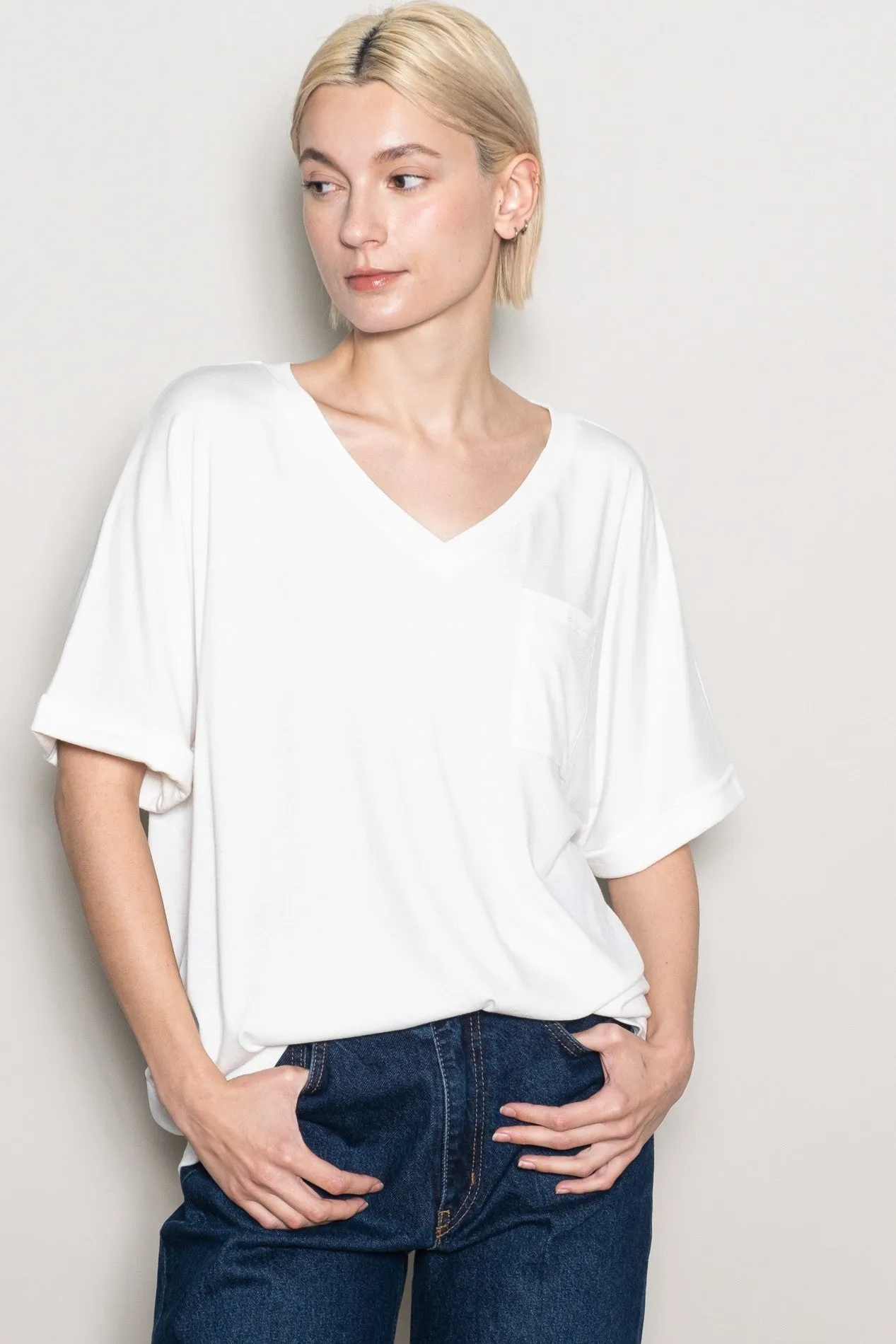 White Oversized V-Neck Front Pocket T-Shirt sold by Pinkblush