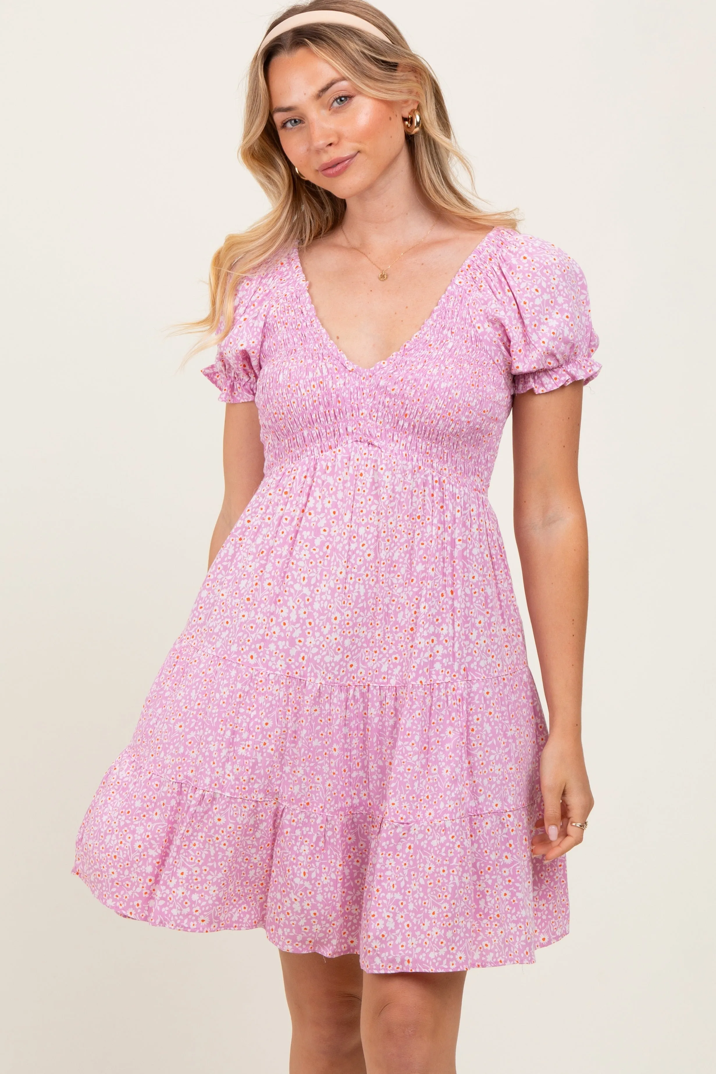 Light Pink Floral Smocked V-Neck Flutter Sleeve Dress sold by Pinkblush product image thumbnail 2