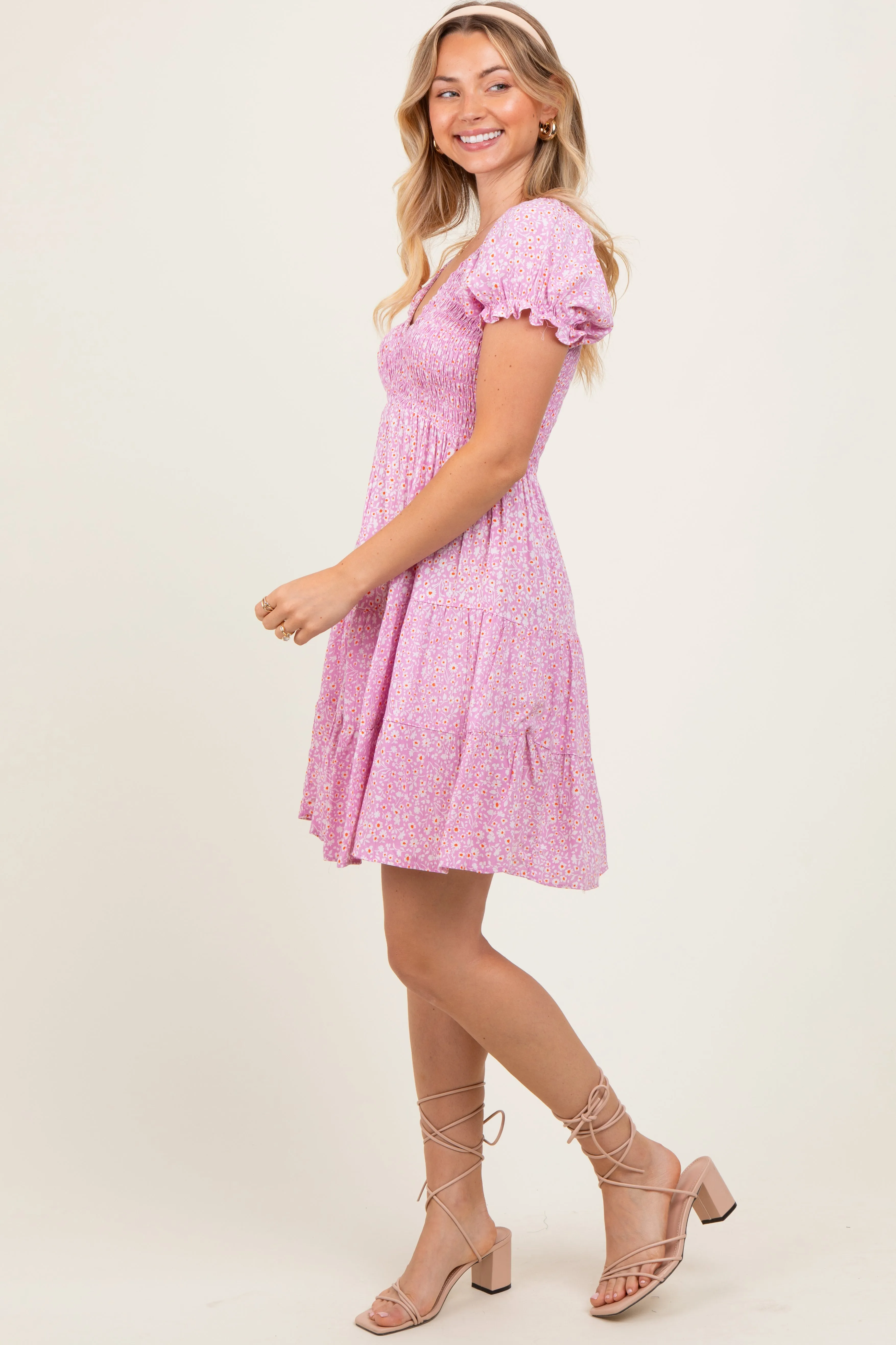 Light Pink Floral Smocked V-Neck Flutter Sleeve Dress sold by Pinkblush product image thumbnail 3