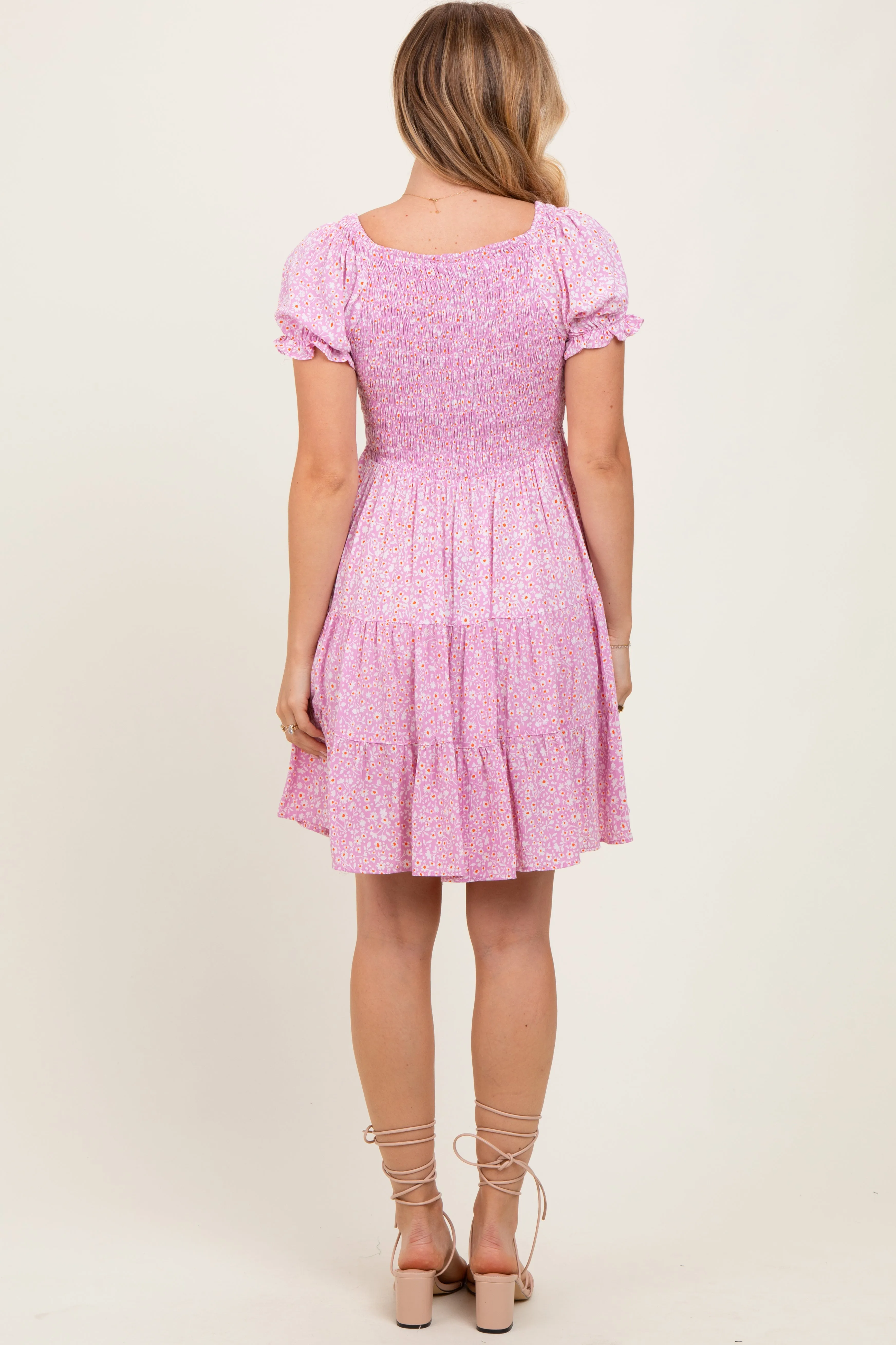 Light Pink Floral Smocked V-Neck Flutter Sleeve Dress sold by Pinkblush product image thumbnail 4