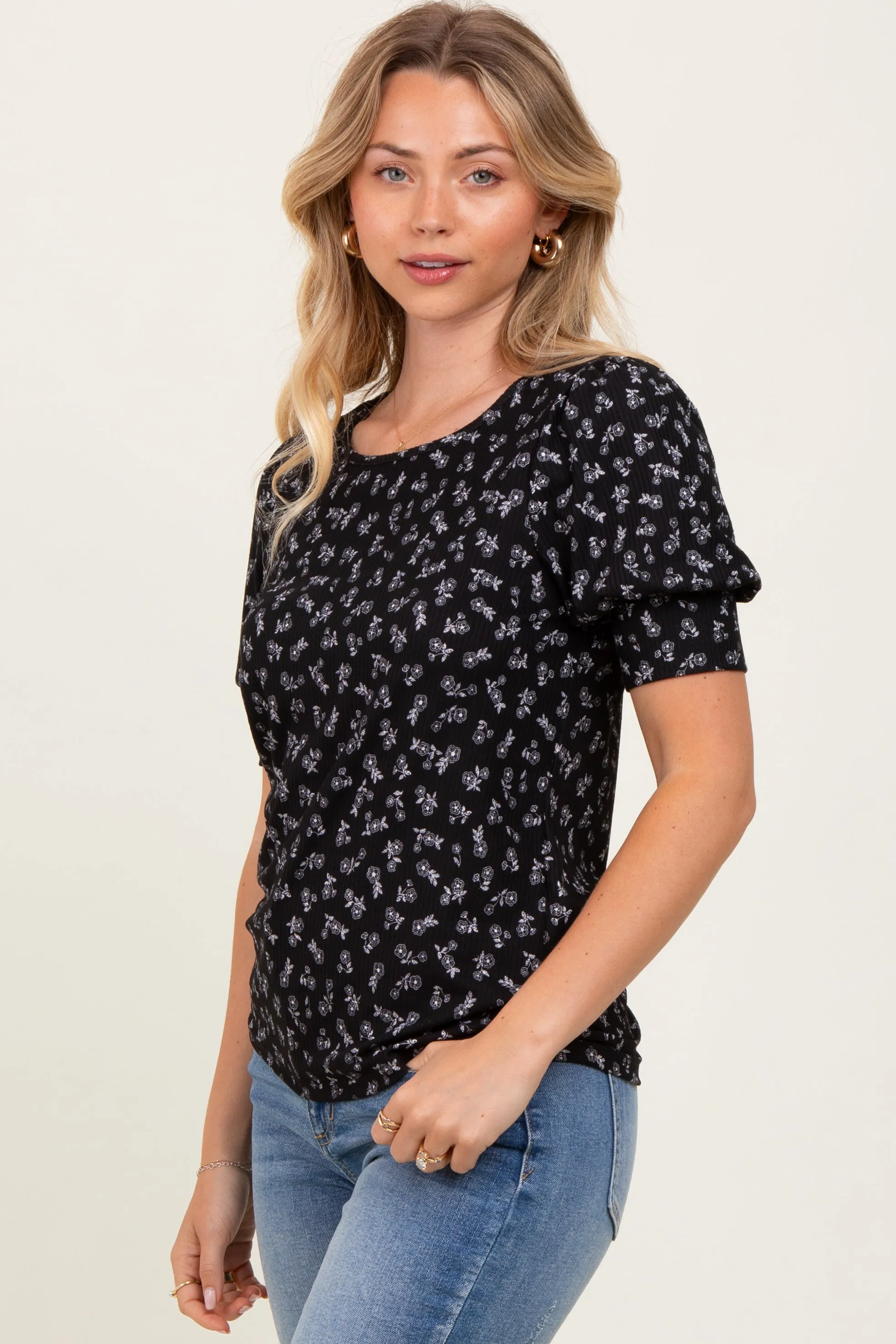 Black Floral Ribbed Puff Sleeve Top sold by Pinkblush product image thumbnail 3