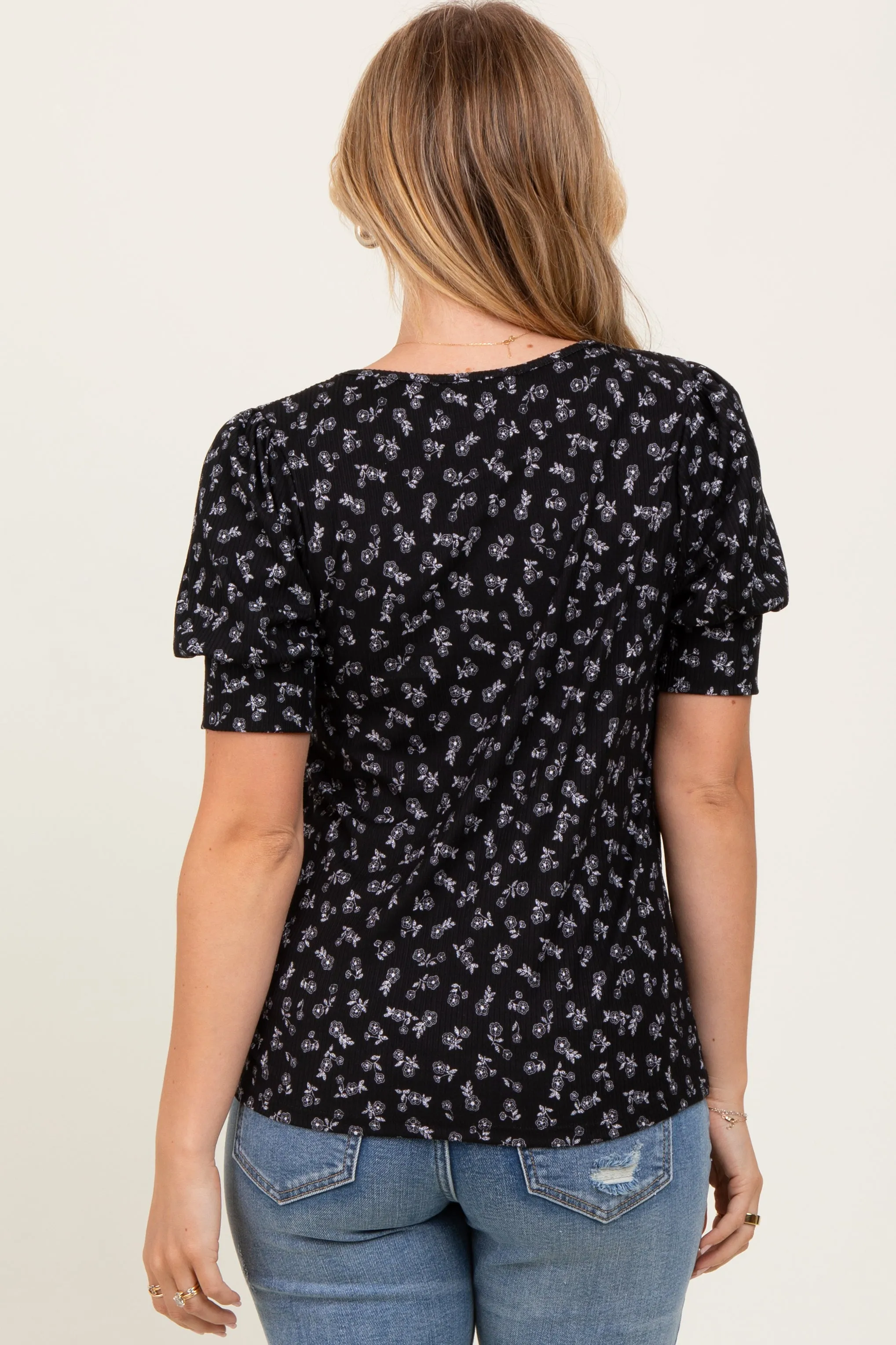 Black Floral Ribbed Puff Sleeve Top sold by Pinkblush product image thumbnail 4