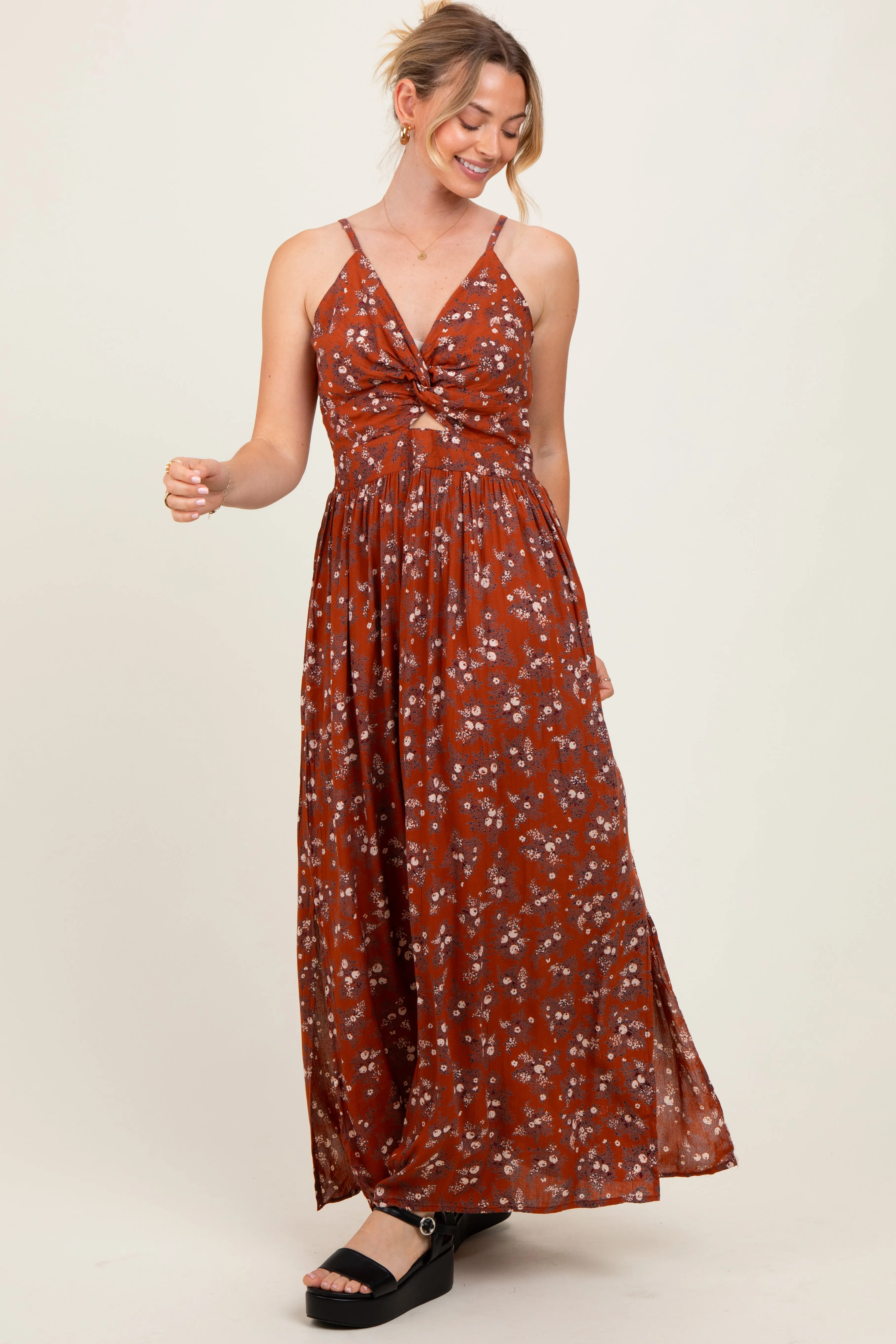 Rust Floral Twist Front Cutout Maxi Dress sold by Pinkblush