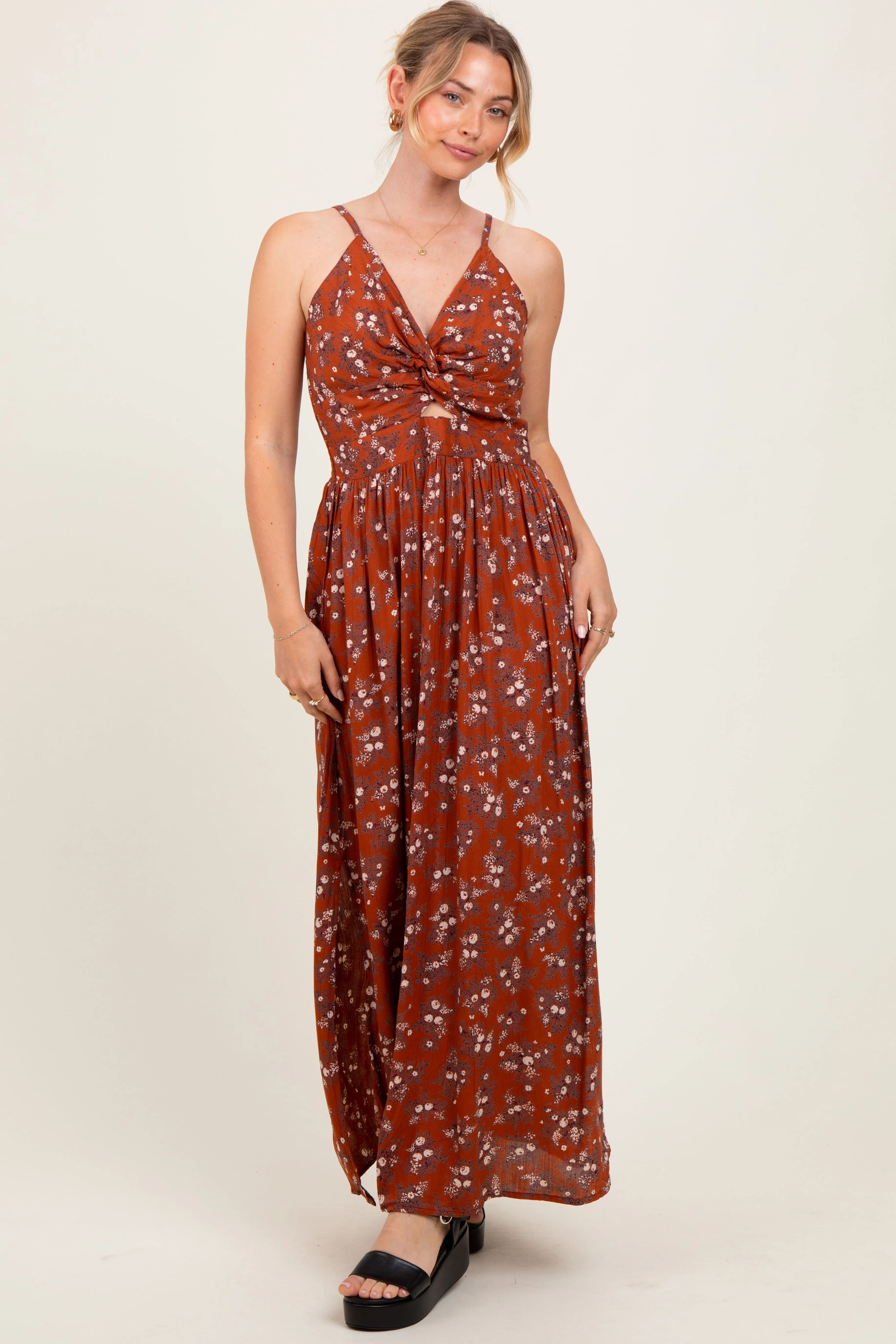 Rust Floral Twist Front Cutout Maxi Dress sold by Pinkblush product image thumbnail 2
