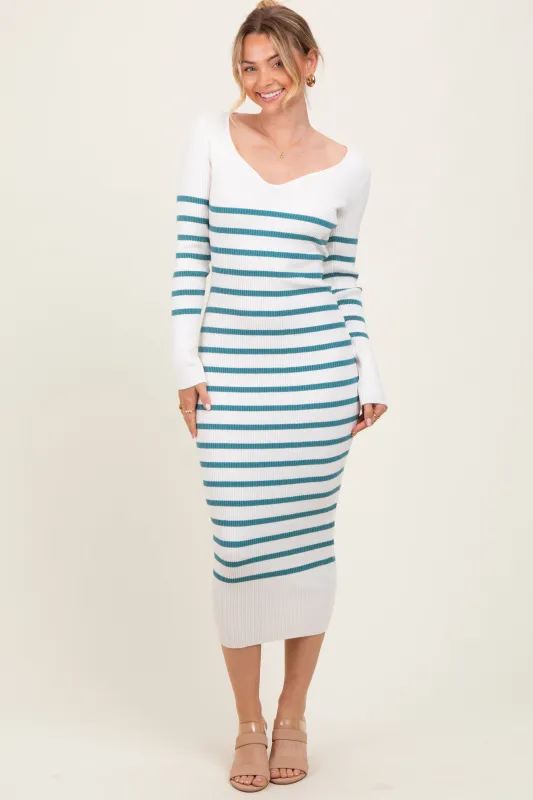 Teal Ribbed Knit Striped Long Sleeve Sweater Dress sold by Pinkblush