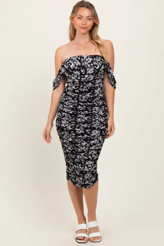 Black Floral Mesh Ruched Off Shoulder Dress sold by Pinkblush