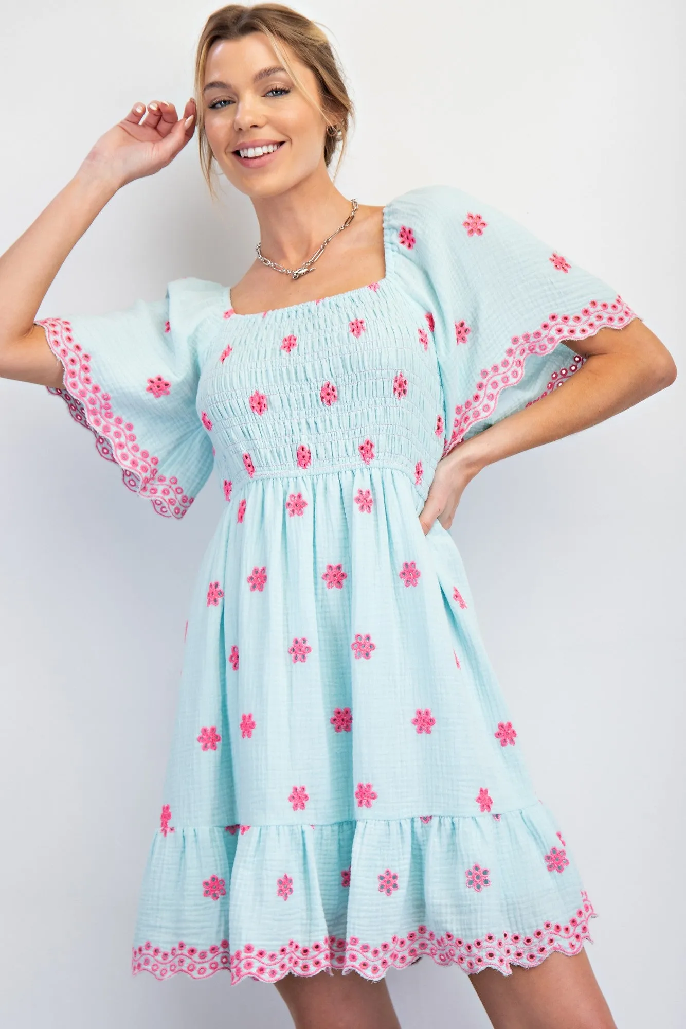 Blue Embroidered Detail Smocked Tie Back Maternity Dress sold by Pinkblush product image thumbnail 5