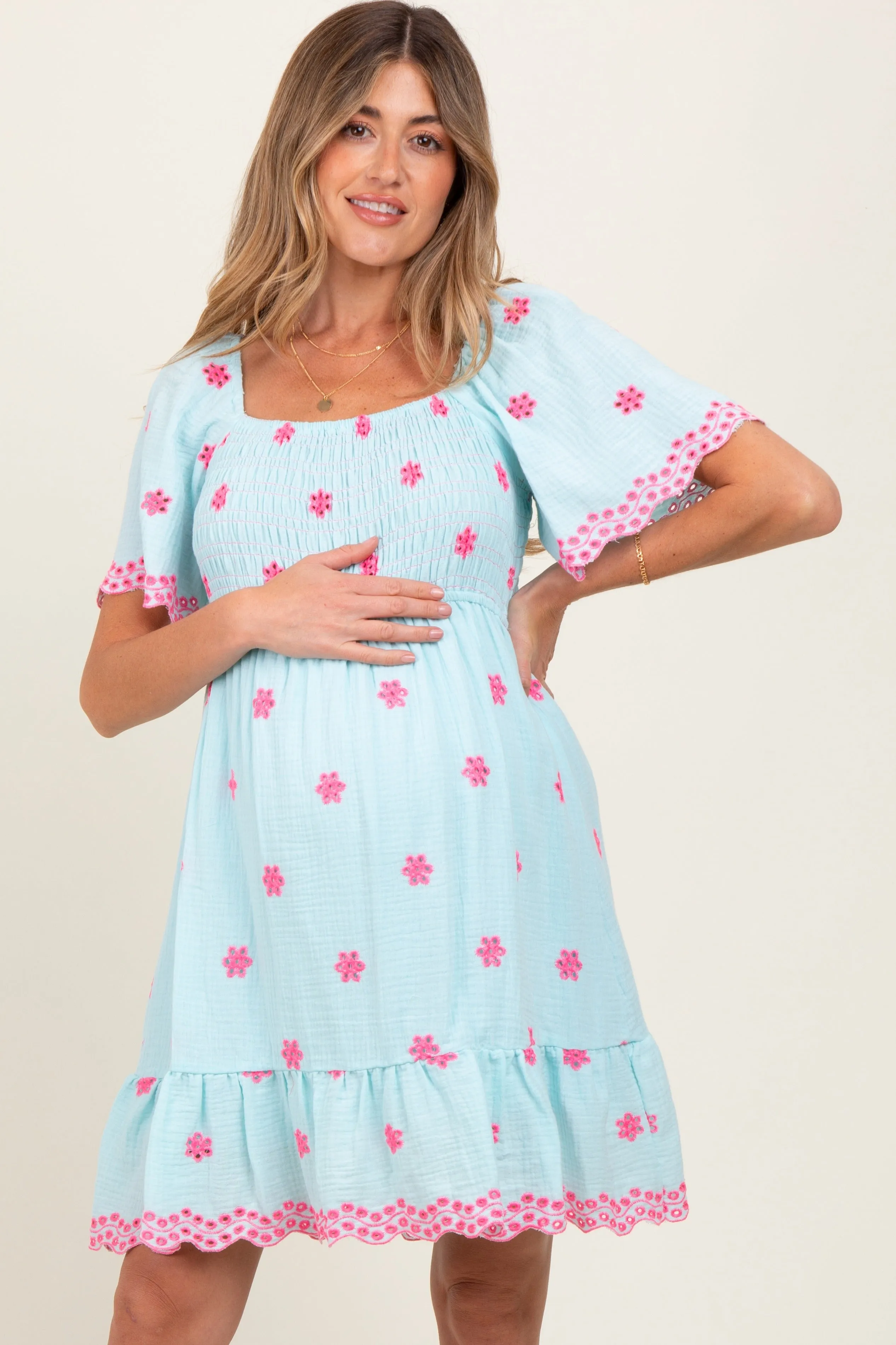 Blue Embroidered Detail Smocked Tie Back Maternity Dress sold by Pinkblush product image thumbnail 2