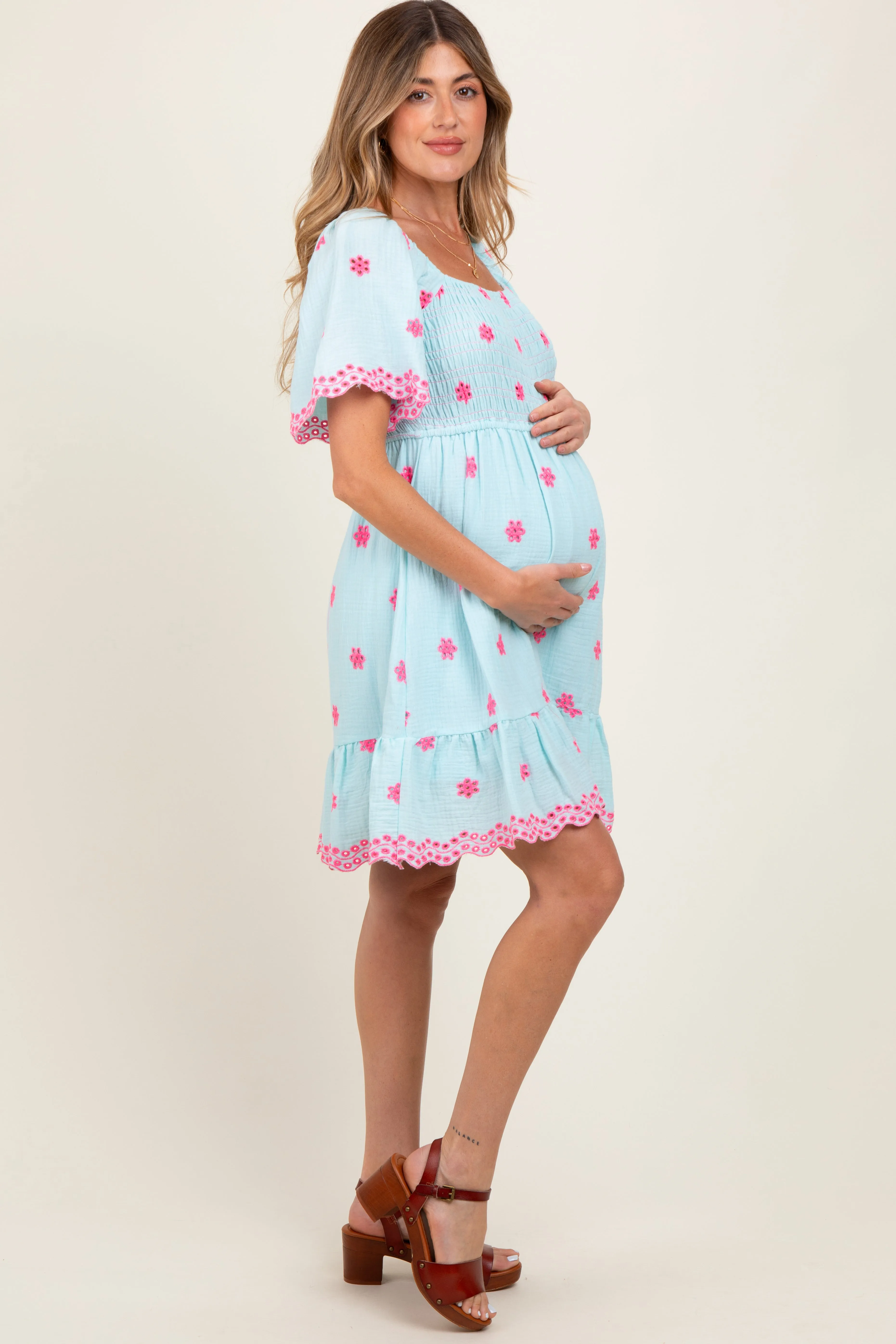 Blue Embroidered Detail Smocked Tie Back Maternity Dress sold by Pinkblush product image thumbnail 3