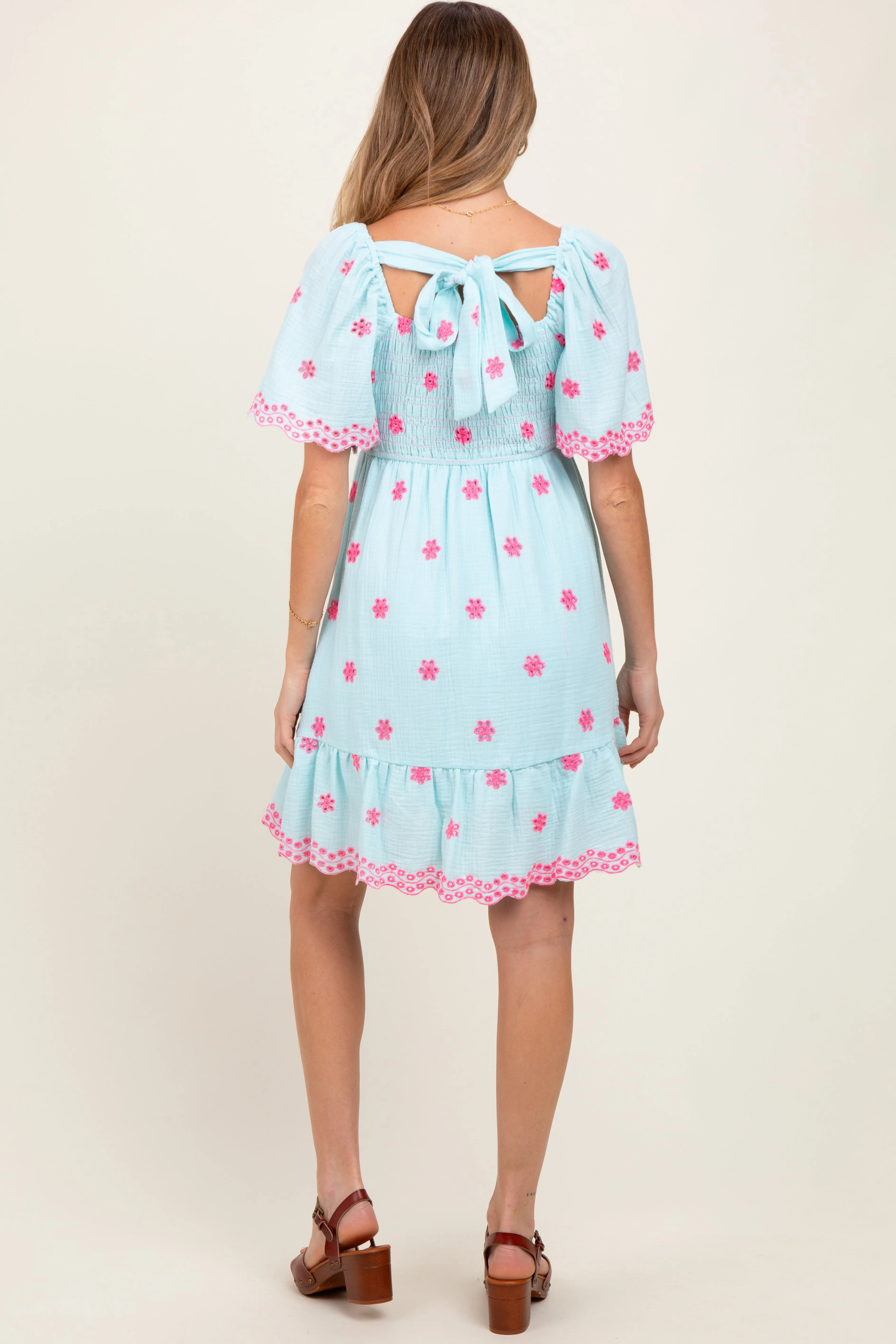 Blue Embroidered Detail Smocked Tie Back Maternity Dress sold by Pinkblush product image thumbnail 4