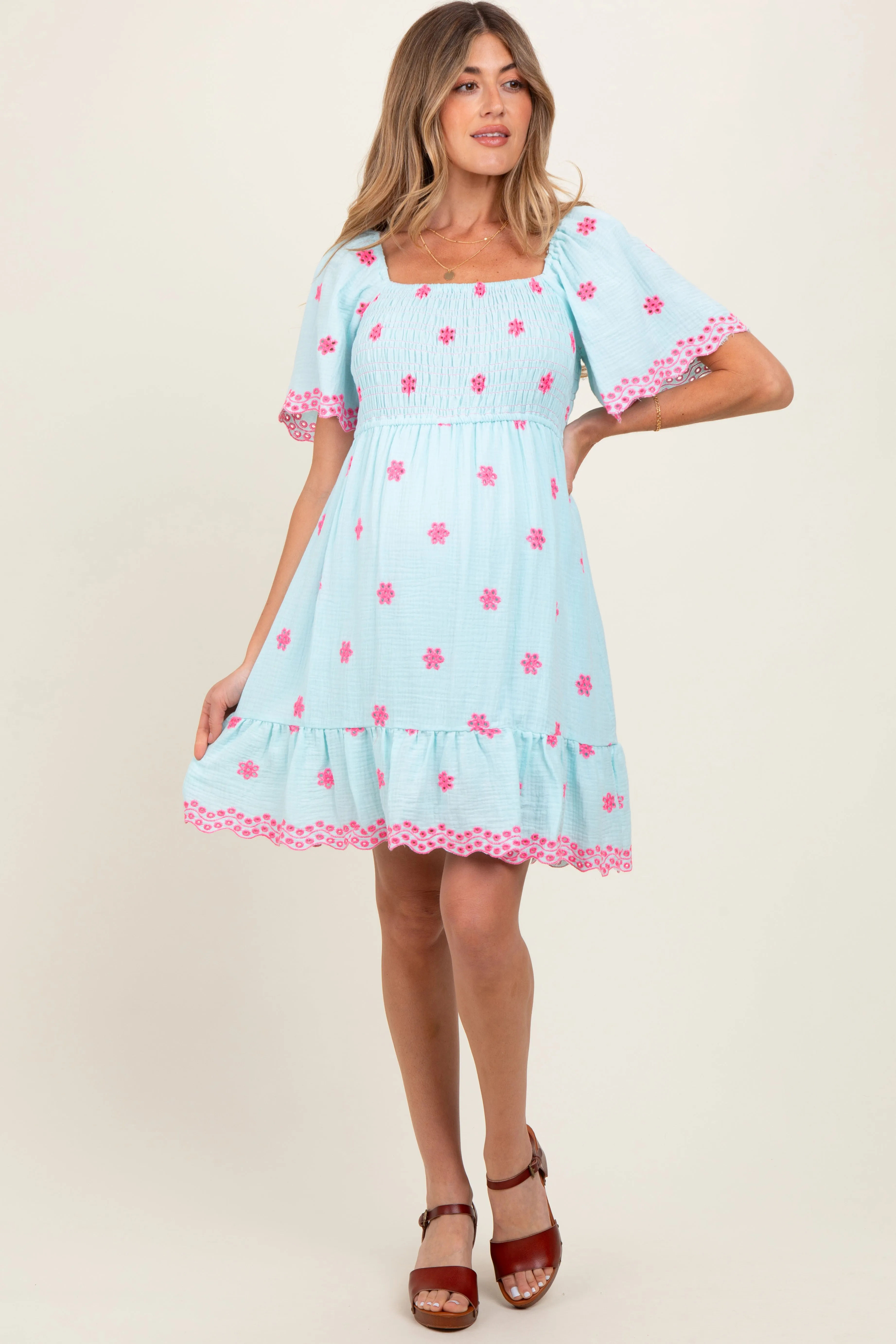 Blue Embroidered Detail Smocked Tie Back Maternity Dress sold by Pinkblush