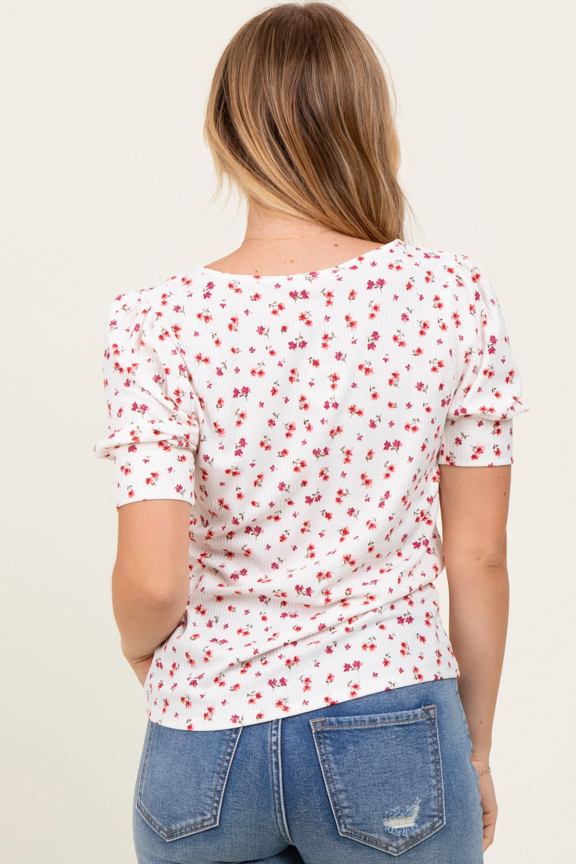 White Floral Ribbed Puff Sleeve Top sold by Pinkblush product image thumbnail 3