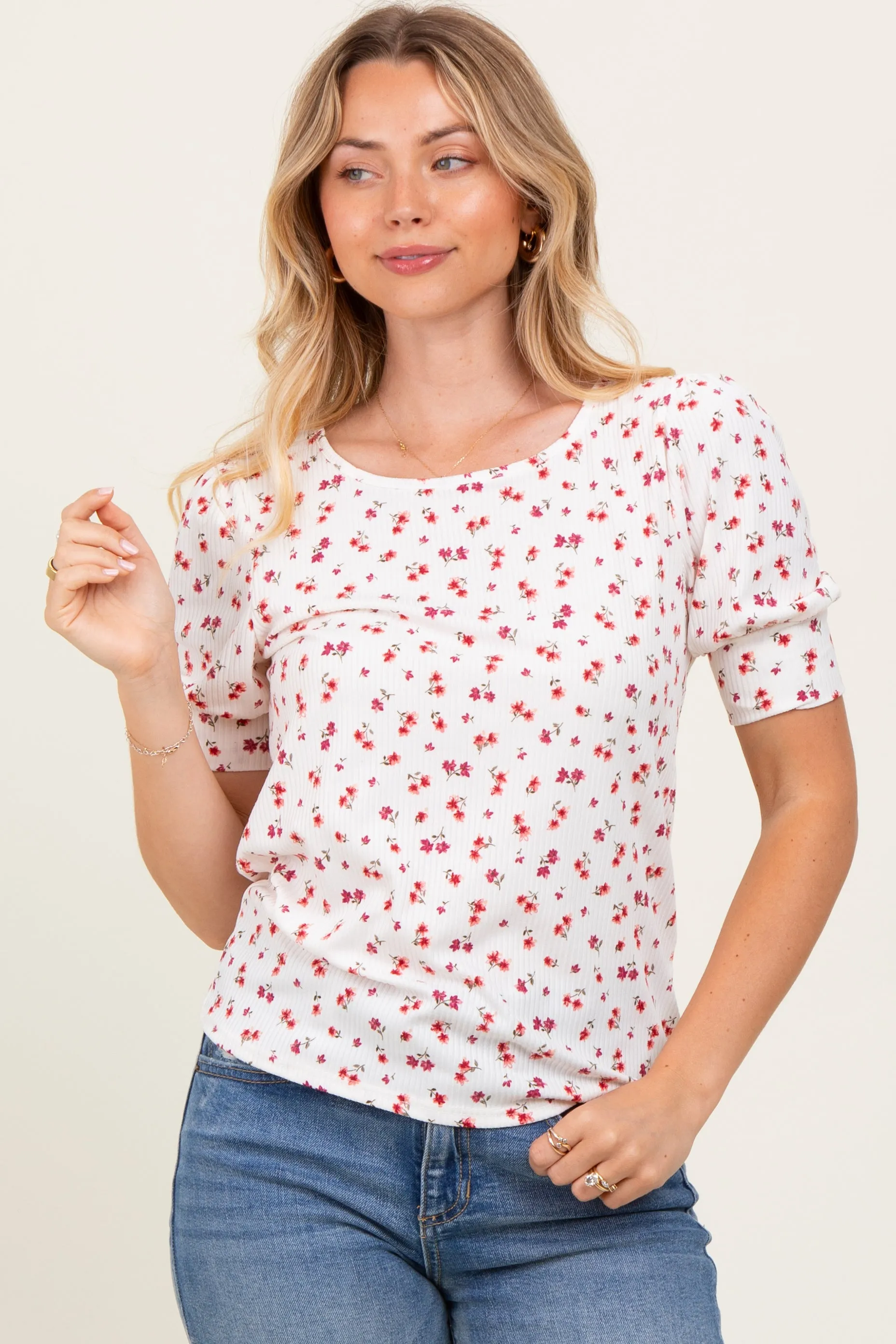 White Floral Ribbed Puff Sleeve Top sold by Pinkblush product image thumbnail 2